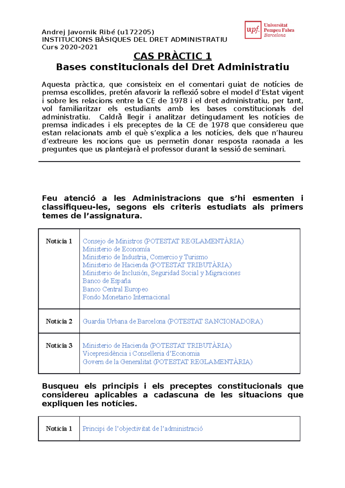 CAS Pràctic 1 - Bases Constitucionals Del Dret Administratiu - Andrej ...