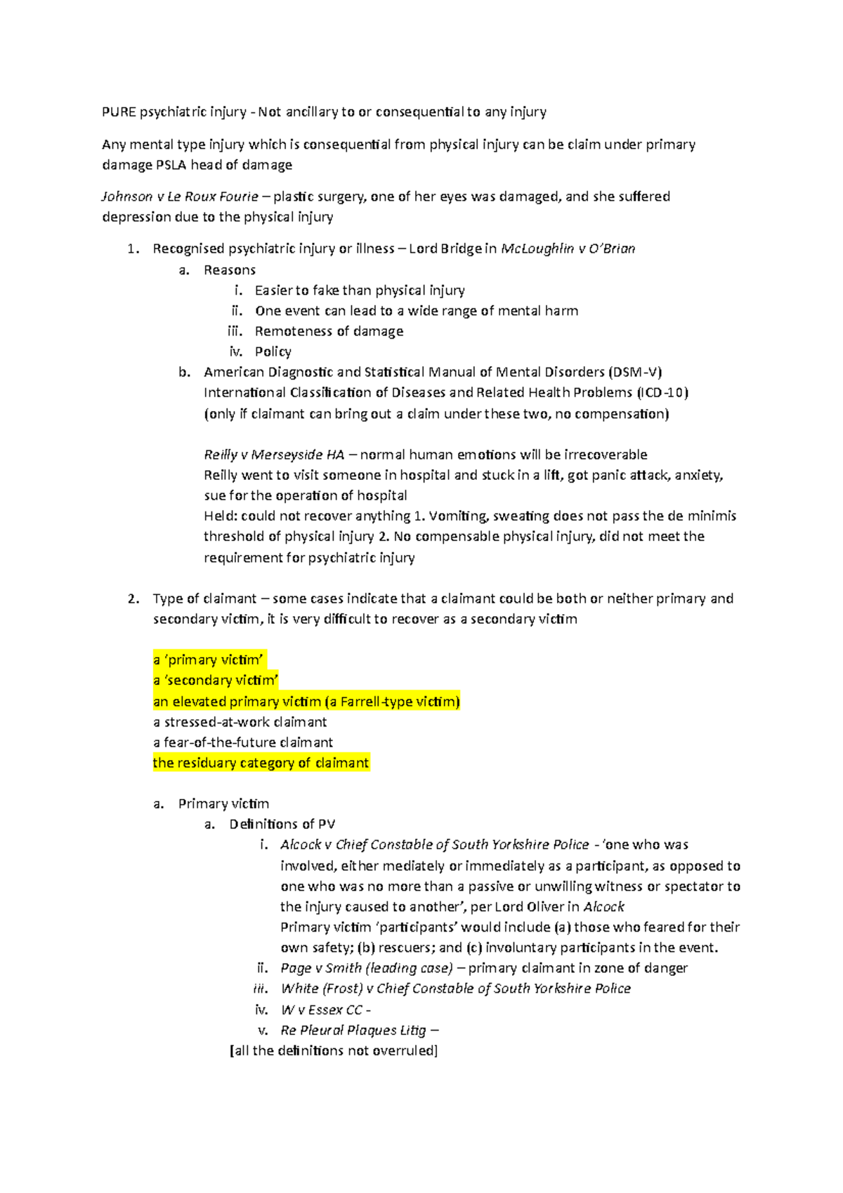 TORT psychiatric injury - LAW5001 - QMUL - Studocu
