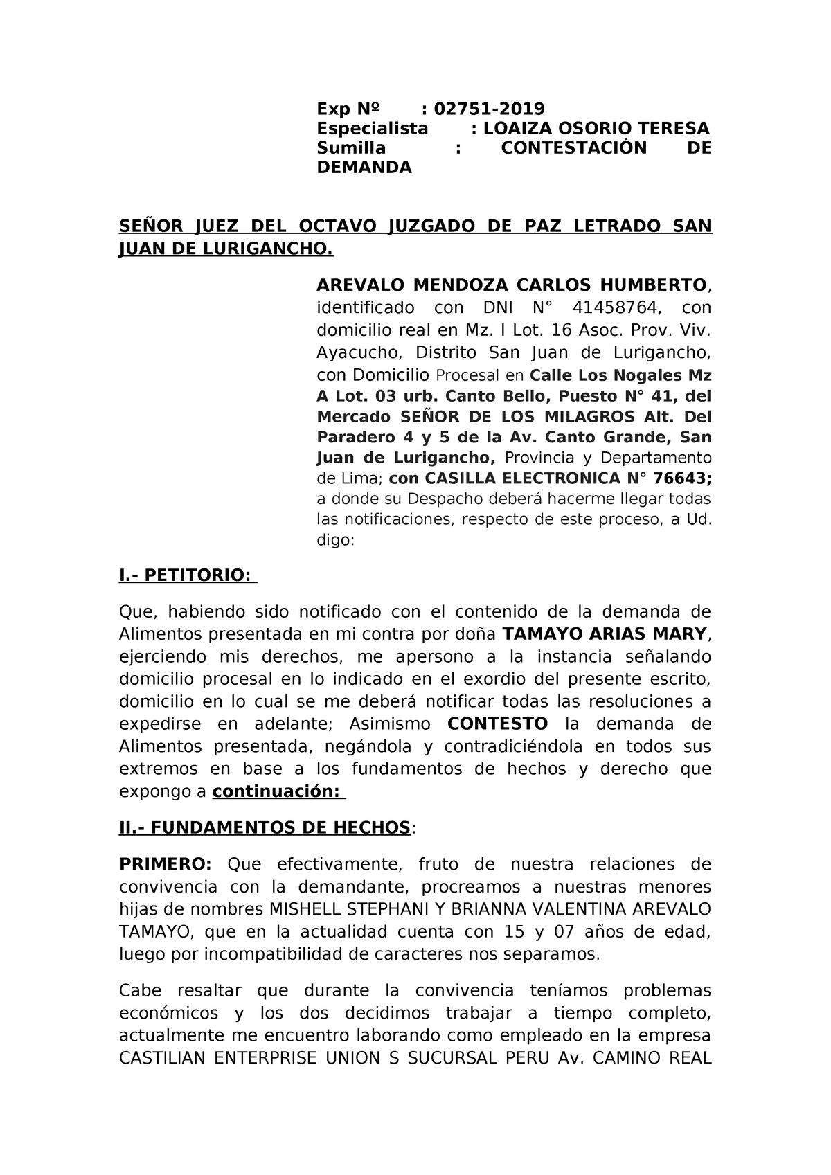 Contestacion Demanda De Alimentos Exp Nº 02751 Especialista Loaiza Osorio Teresa Sumilla 3490