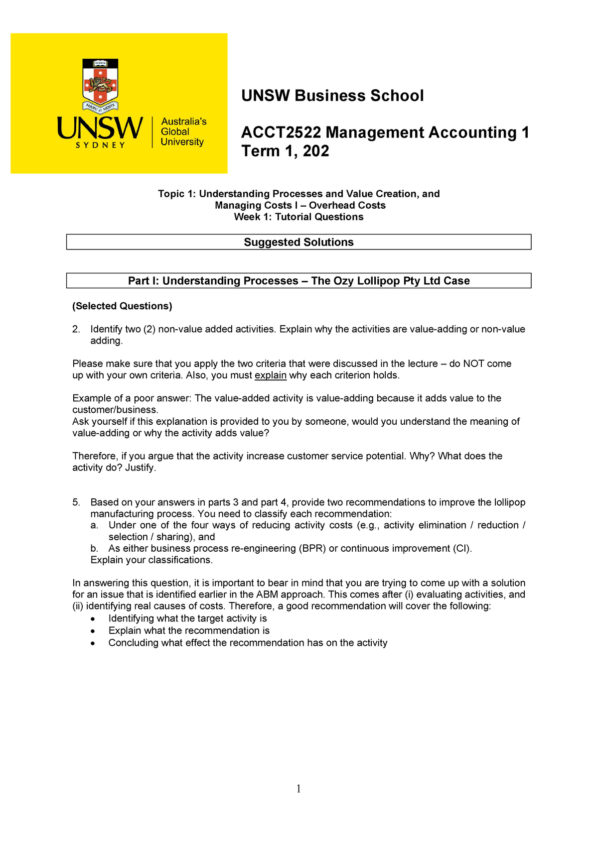 T1 Answer Question - UNSW Business School ACCT2522 Management ...