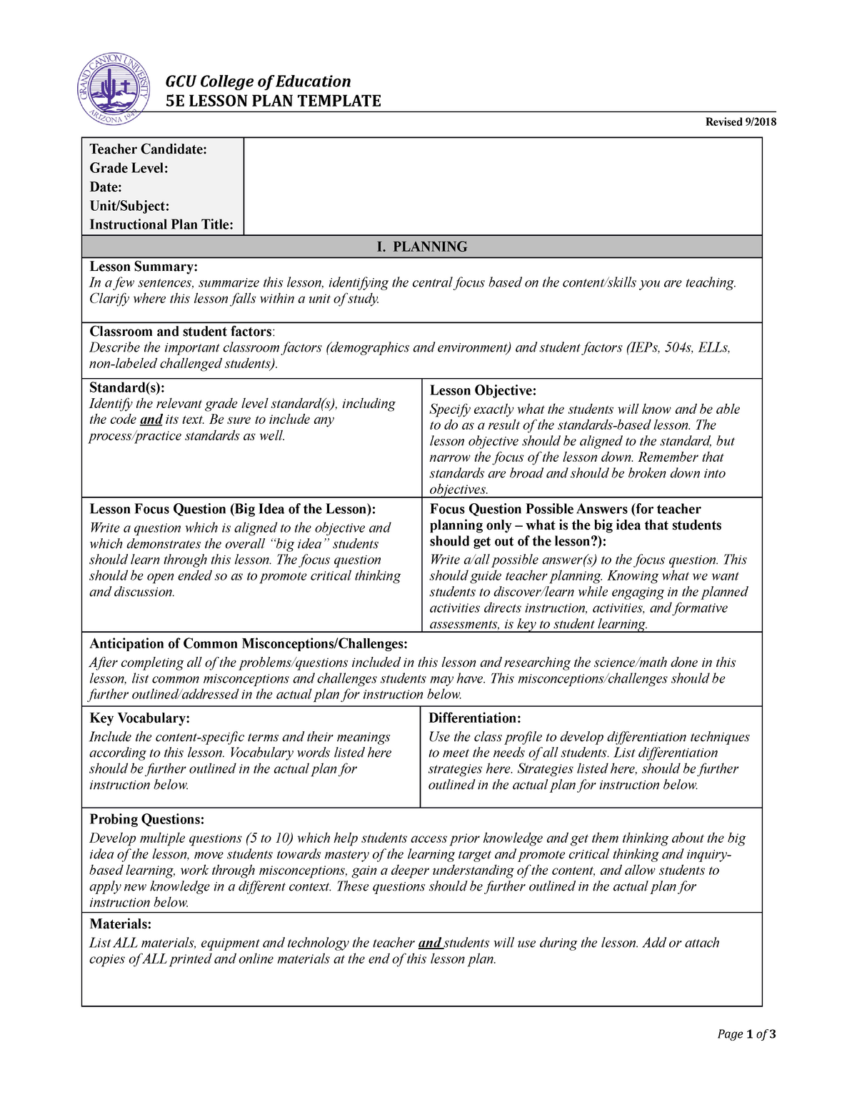 5e Lesson Plan Template GCU College Of Education 5E LESSON PLAN 