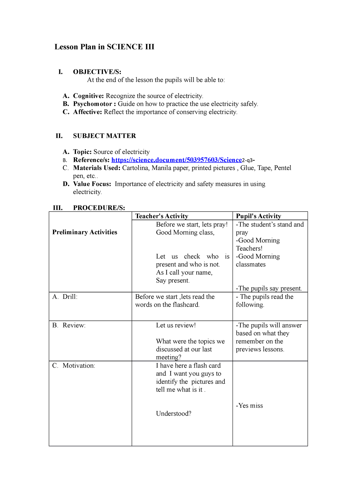 Lesson Plan In Science III - Lesson Plan In SCIENCE III I. OBJECTIVE/S ...