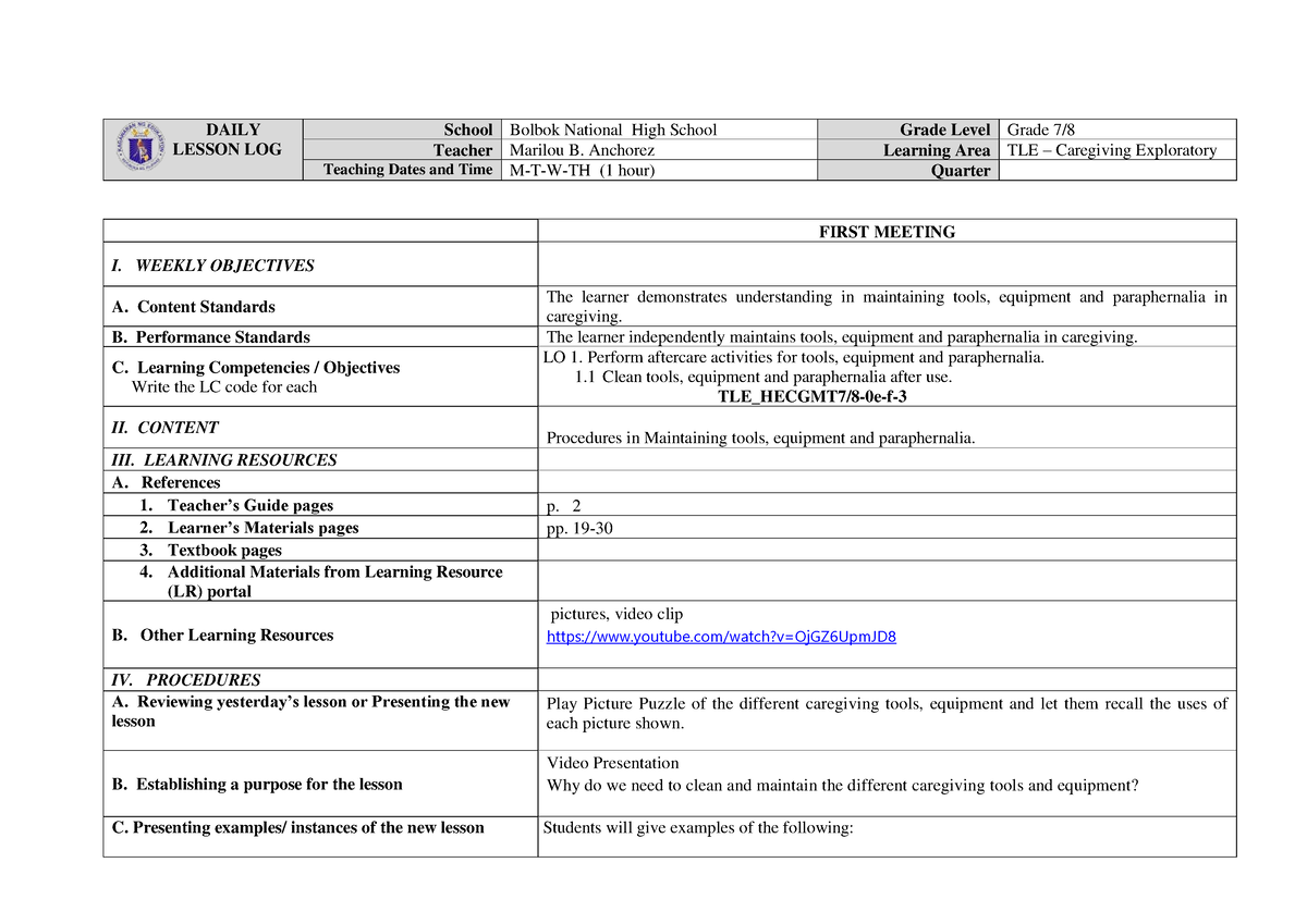 Final Dll Final Grade 7 Or 8-caregiving - Daily Lesson Log School 