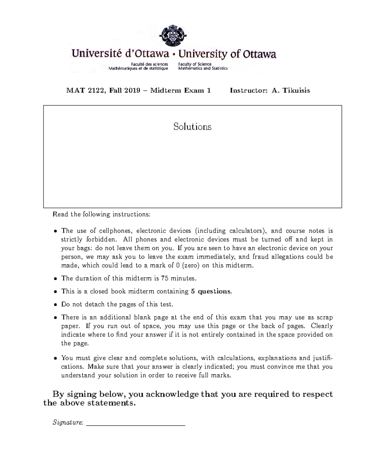 Midterm 1 4 October 2019, questions and answers - MAT 2122, Fall 2019 ...
