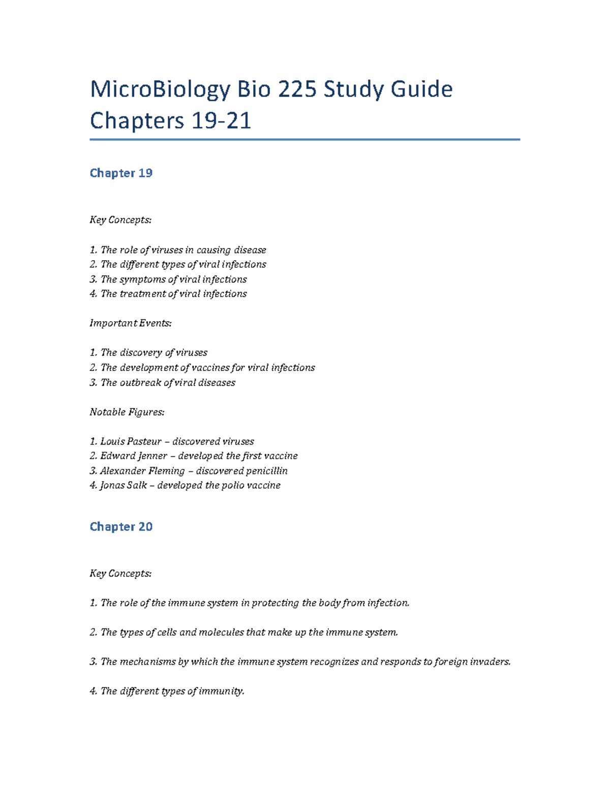 Micro Biology Bio 225 Study Guide Chapters 19-21 - MicroBiology Bio 225 ...