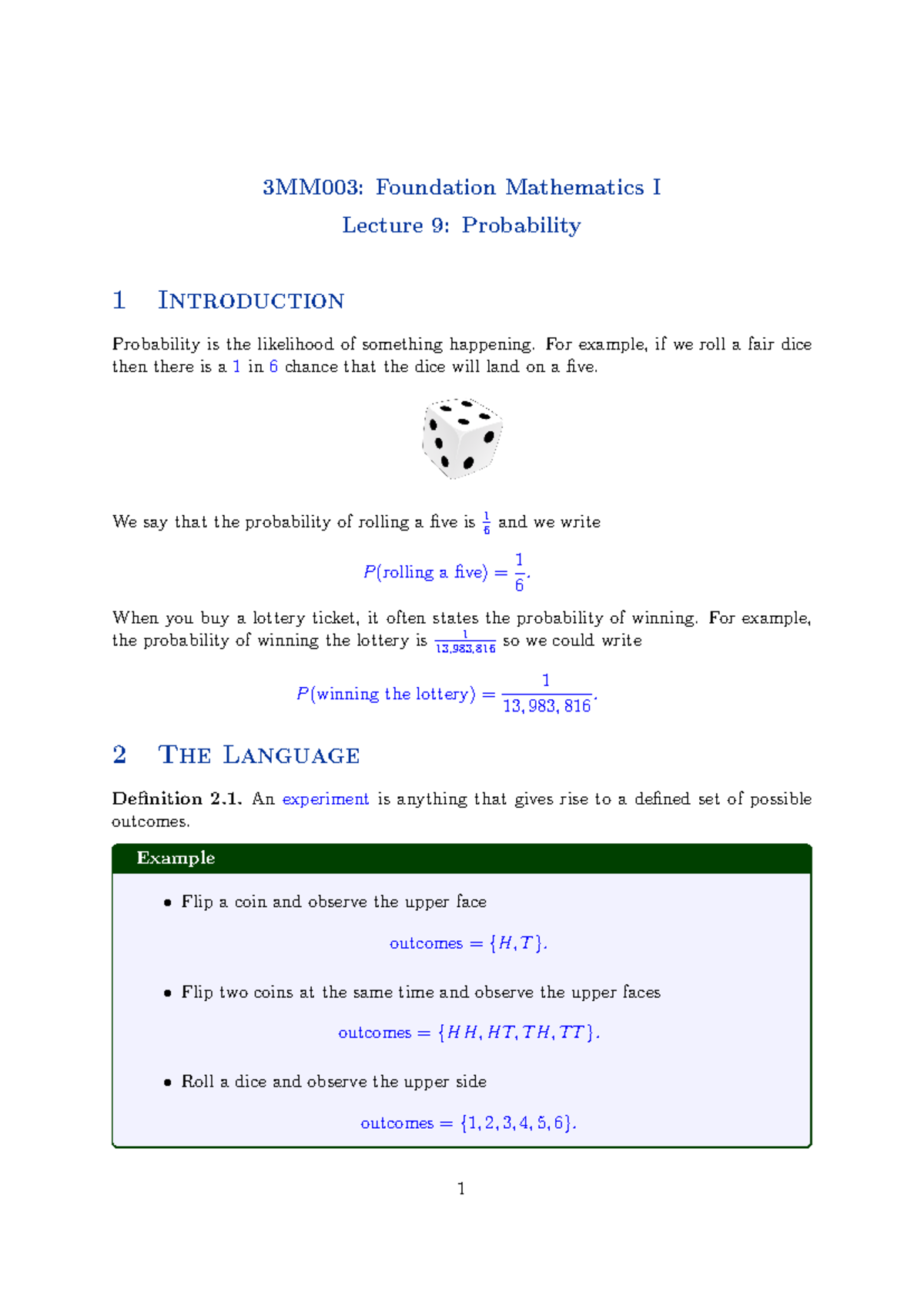 3MM003 L9 Probability - 3MM003: Foundation Mathematics I Lecture 9 ...