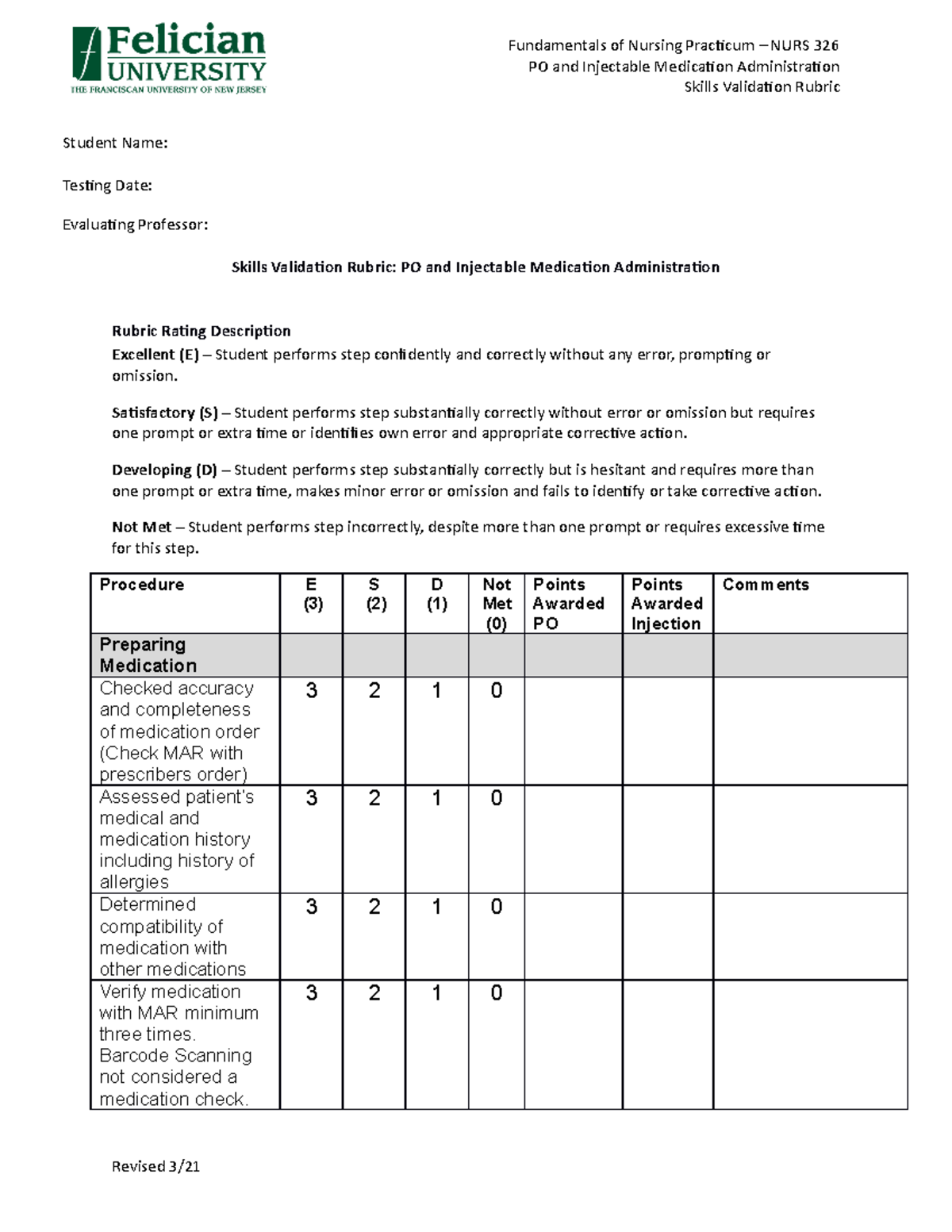 PO and Injectable Medication Administration - Skills Validation Rubric ...