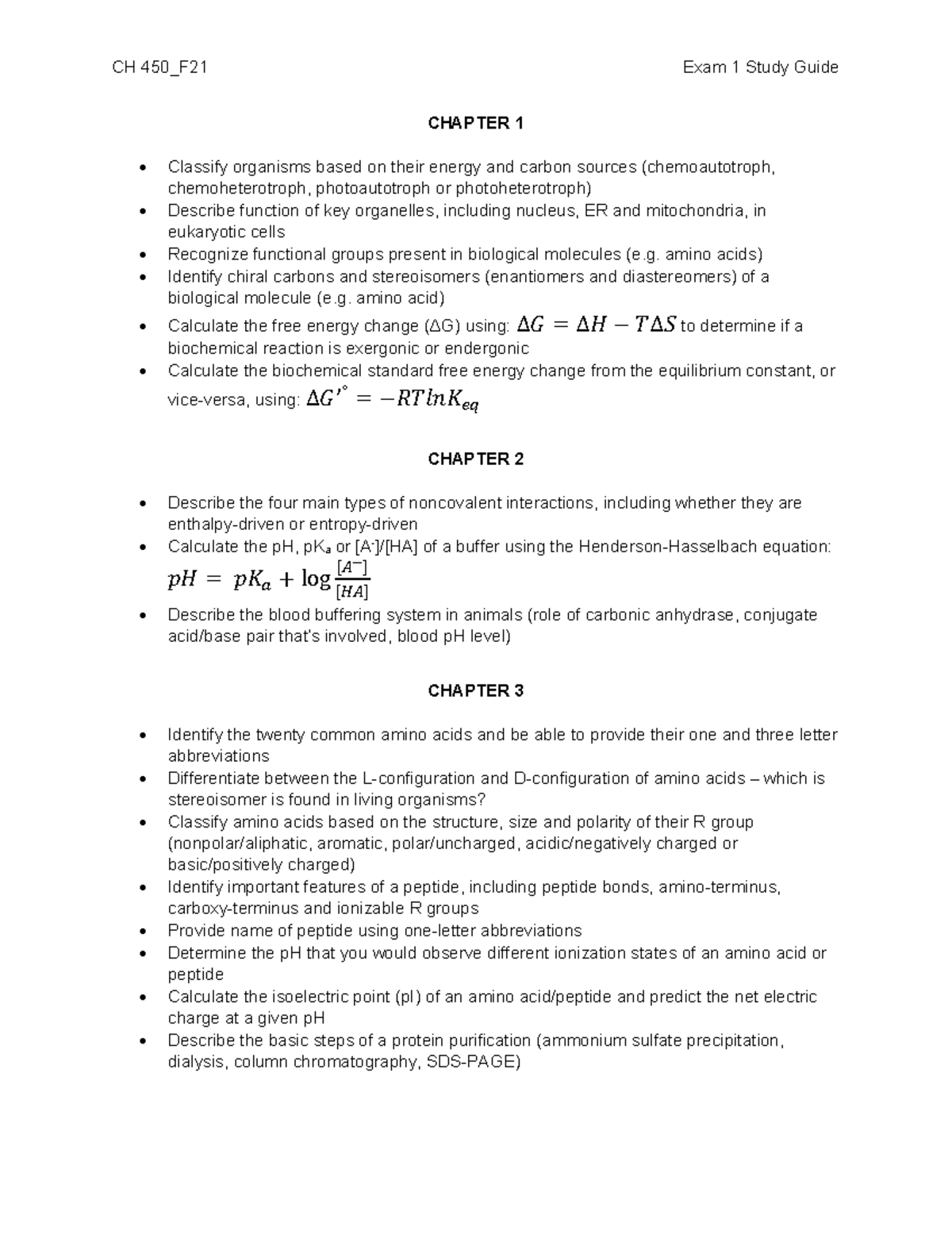 CH 450 Exam 1 Study Guide - CH 450_F21 Exam 1 Study Guide CHAPTER 1 ...