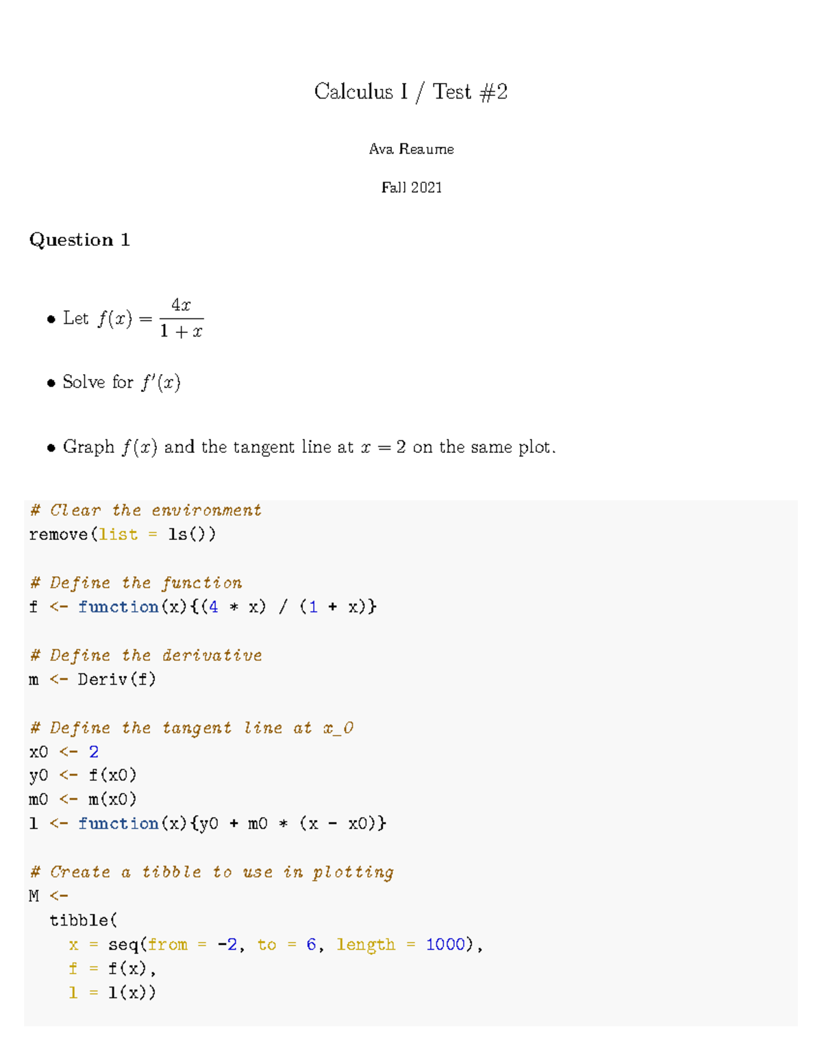 TEST2 - Calculus homework example - Calculus I / Test Ava Reaume Fall ...