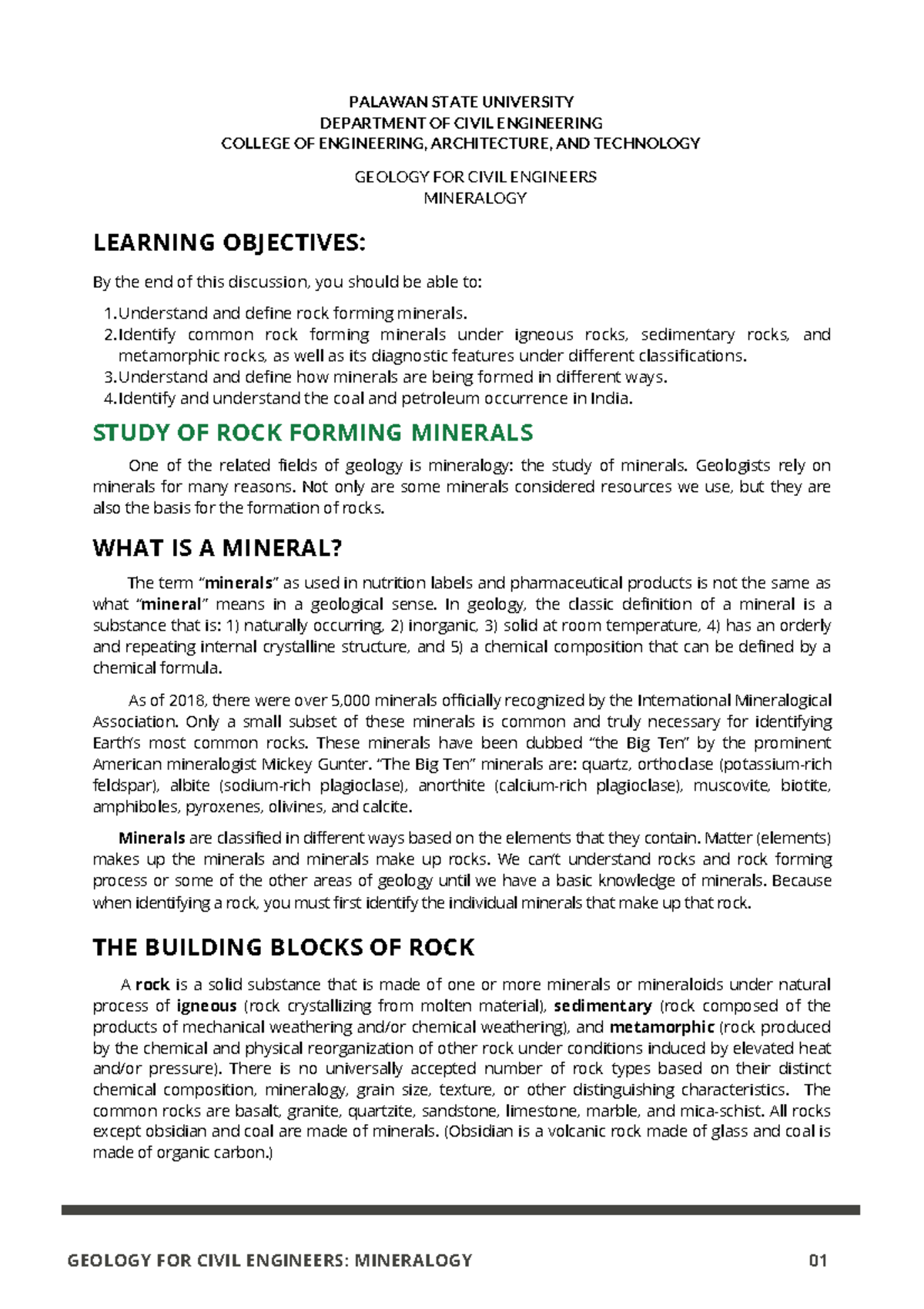 Mineralogy STUDY OF ROCK FORMING MINERALS - Understand and define rock ...