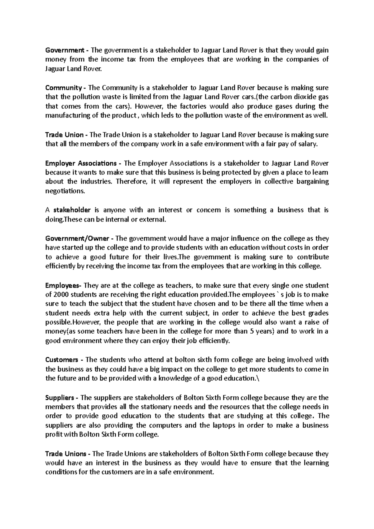 Mission statement - Government - The government is a stakeholder to ...