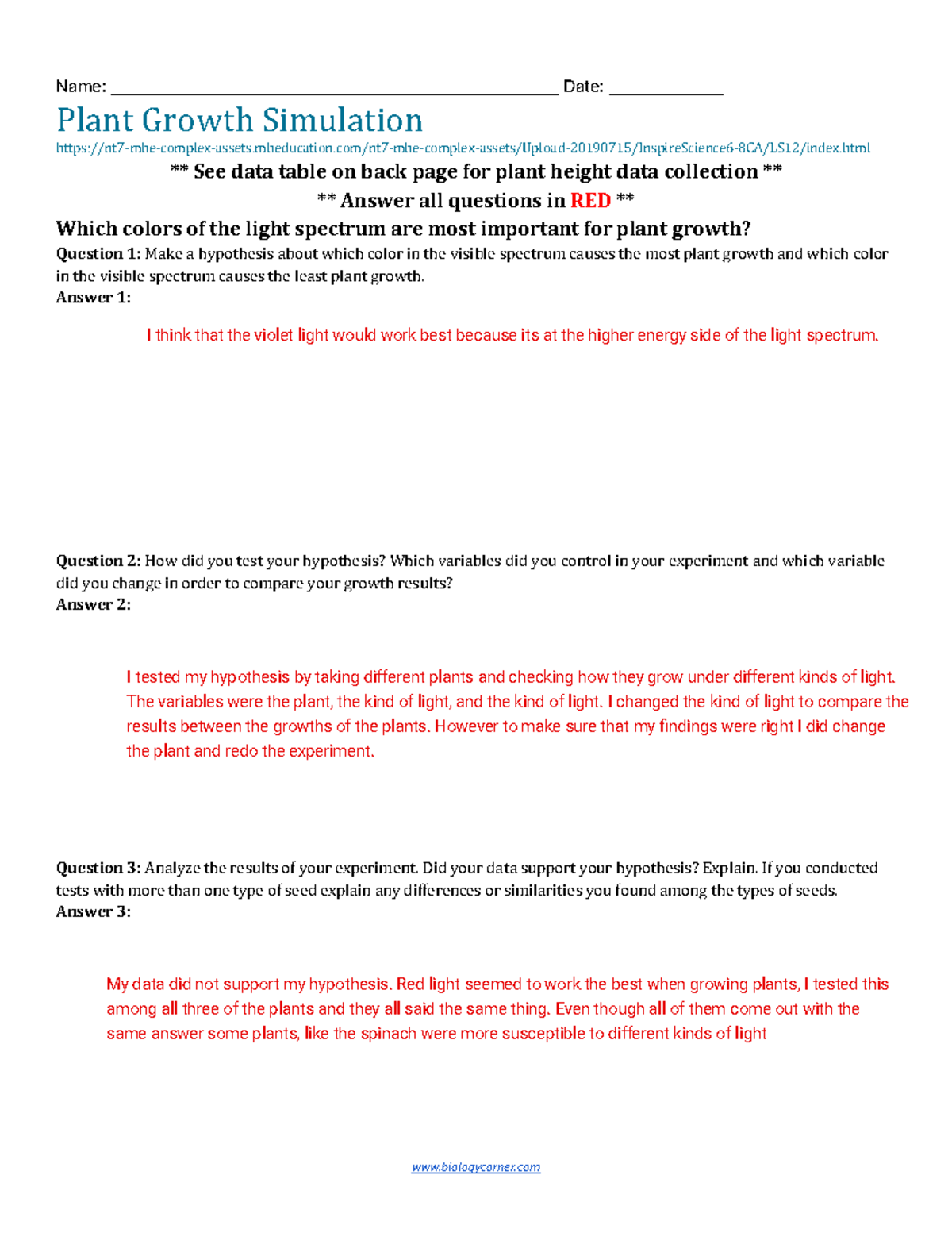 Kami Export Photosynthesis colors Virtual Lab 1 biologycorner Name