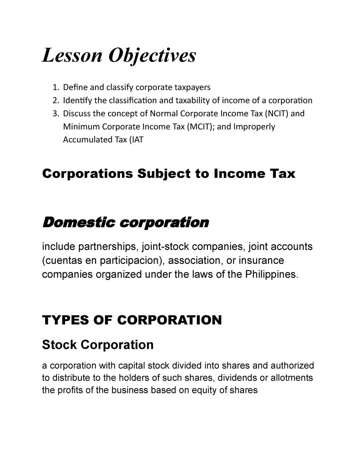 corporations-subject-to-income-tax-doc-lesson-objectives-1-define