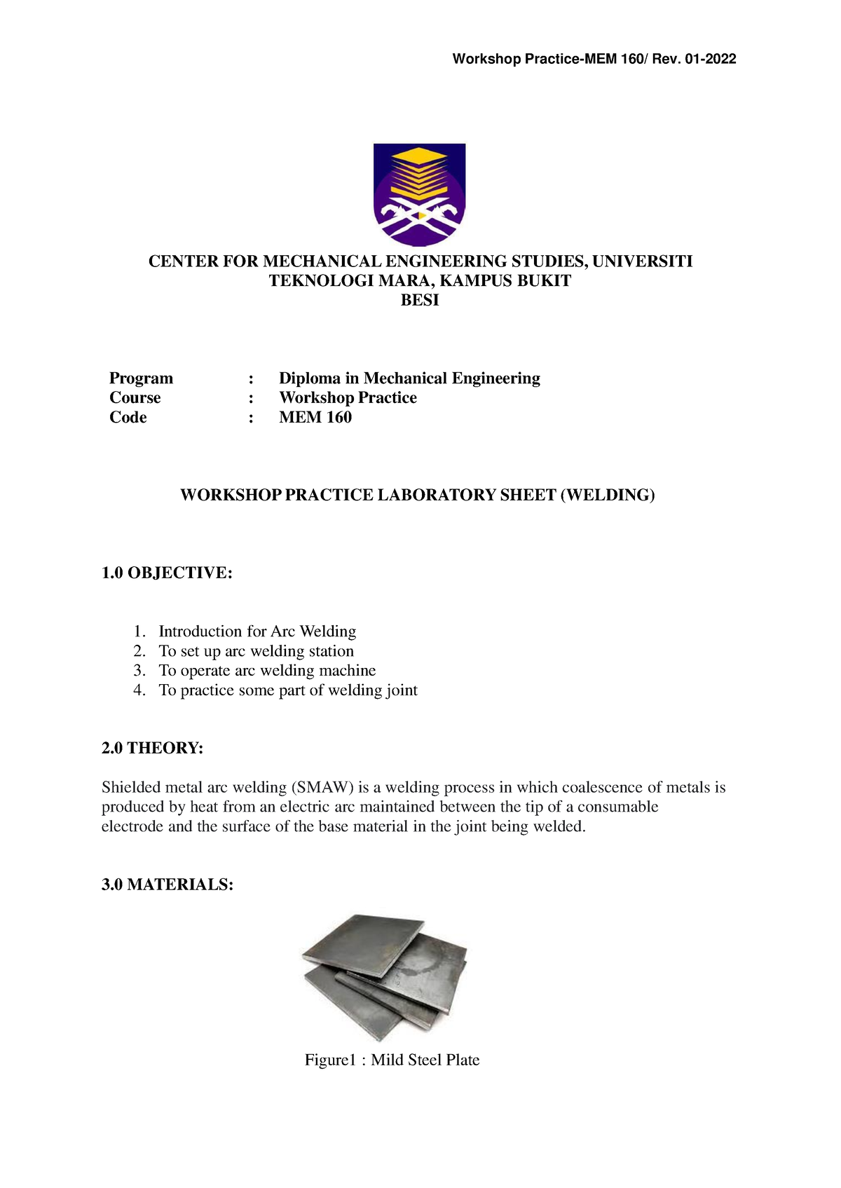 3.1 Welding (ARC Welding) LAB Sheet MEM160 V1 - CENTER FOR MECHANICAL ...