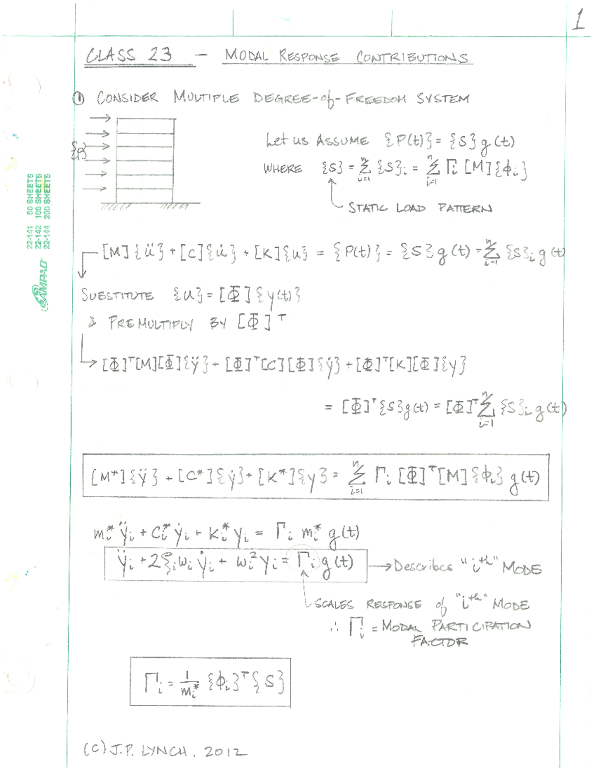 Class 23 CEE511 Structural Dynamics 2013 2014 - 50 SHEETS , 100 23 ...