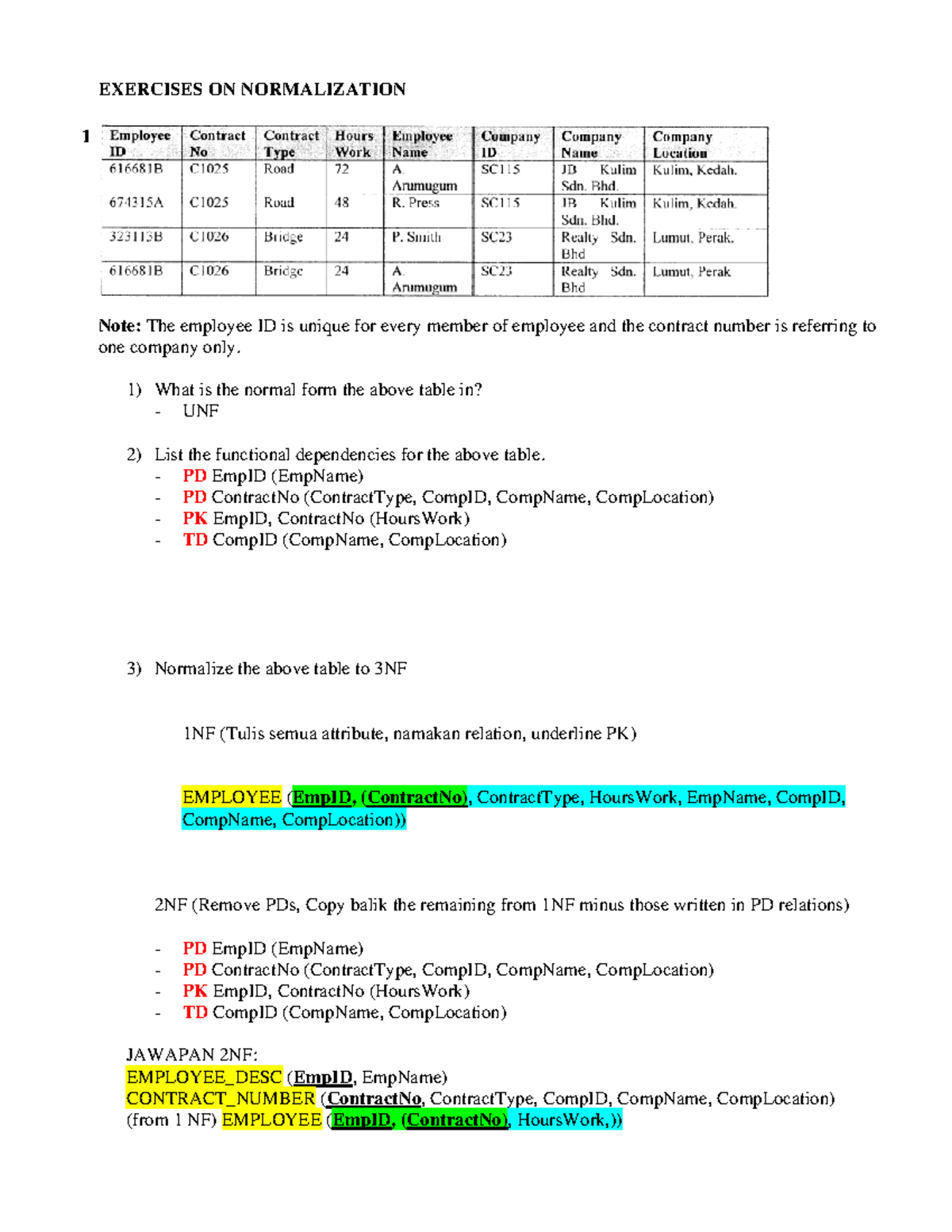 Normalization exercise Masturina - EXERCISES ON NORMALIZATION Note: The ...