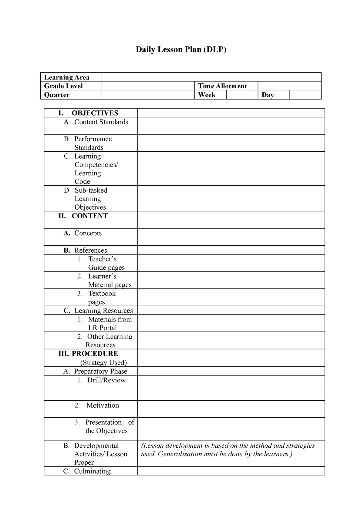 DLP-Format - Daily Lesson Plan - Daily Lesson Plan (DLP) Learning Area ...