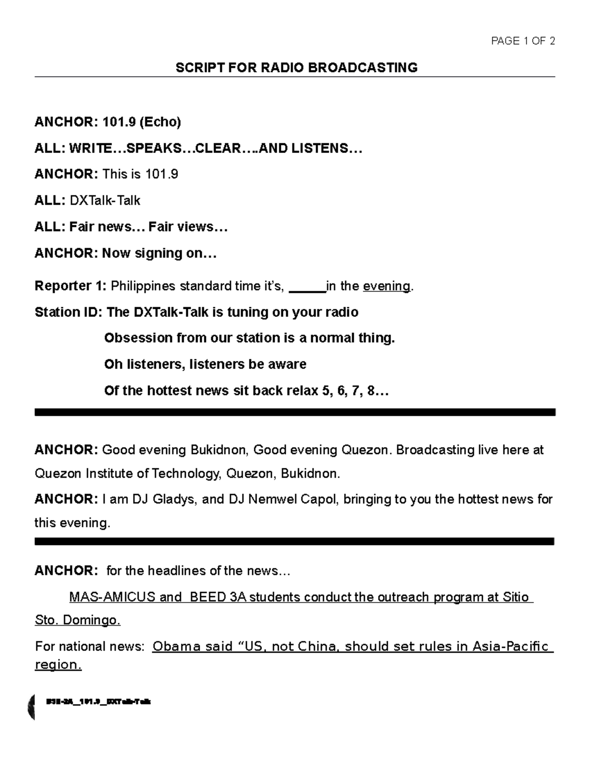 Script FOR Radio Broadcasting - SCRIPT FOR RADIO BROADCASTING ANCHOR ...