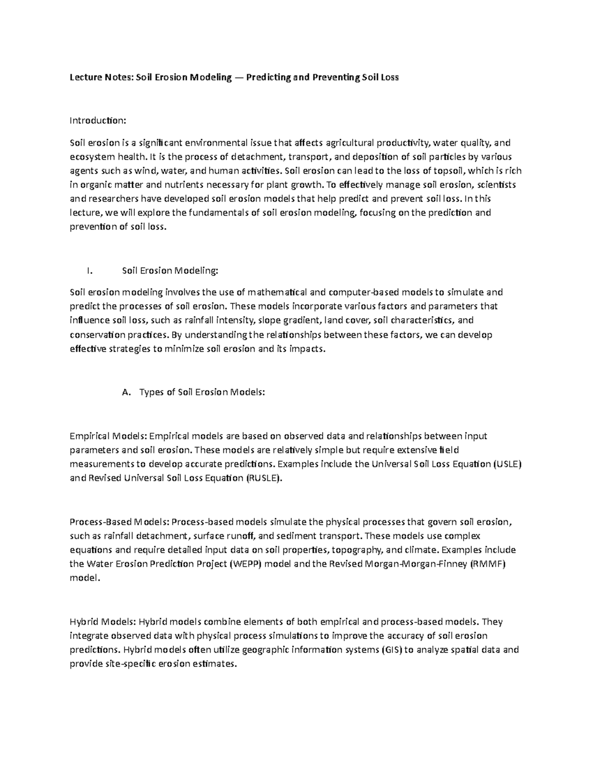 Lecture Notes: Soil Erosion Modeling — Predicting and Preventing Soil ...