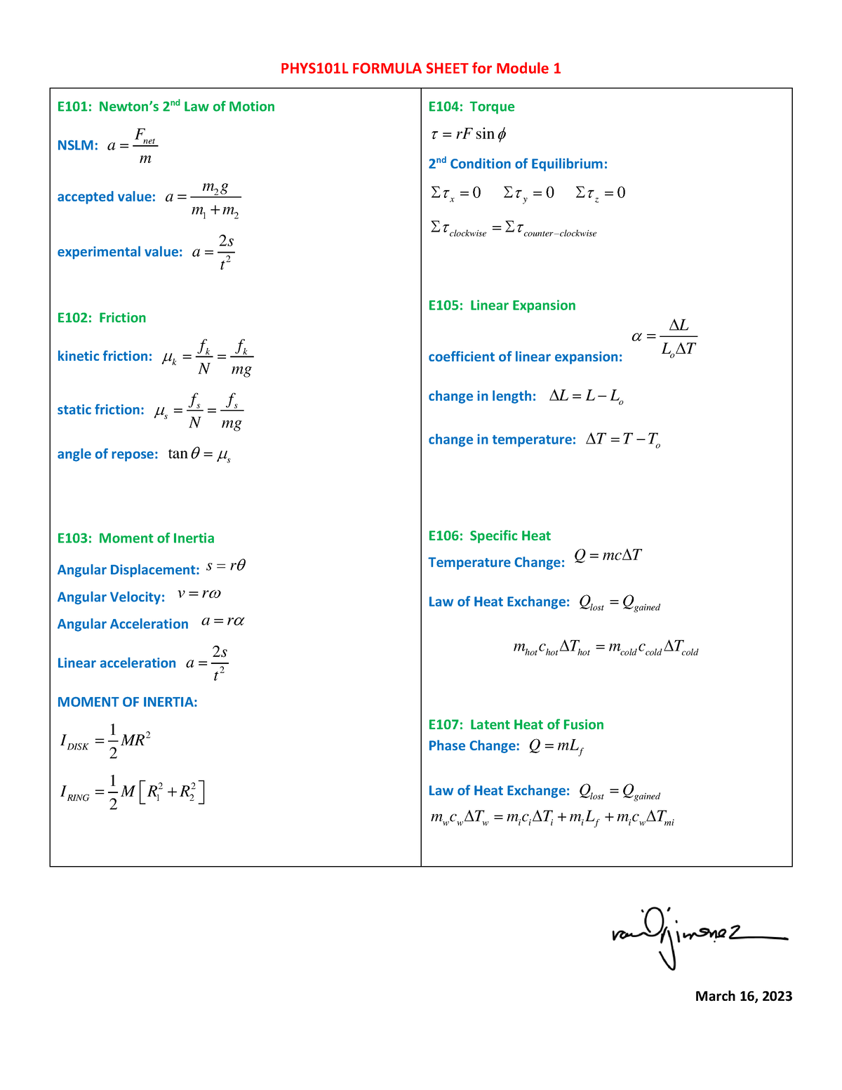 PHYS101 L- Formula- Sheet-for-Module-1 - Physics for Engineering ...