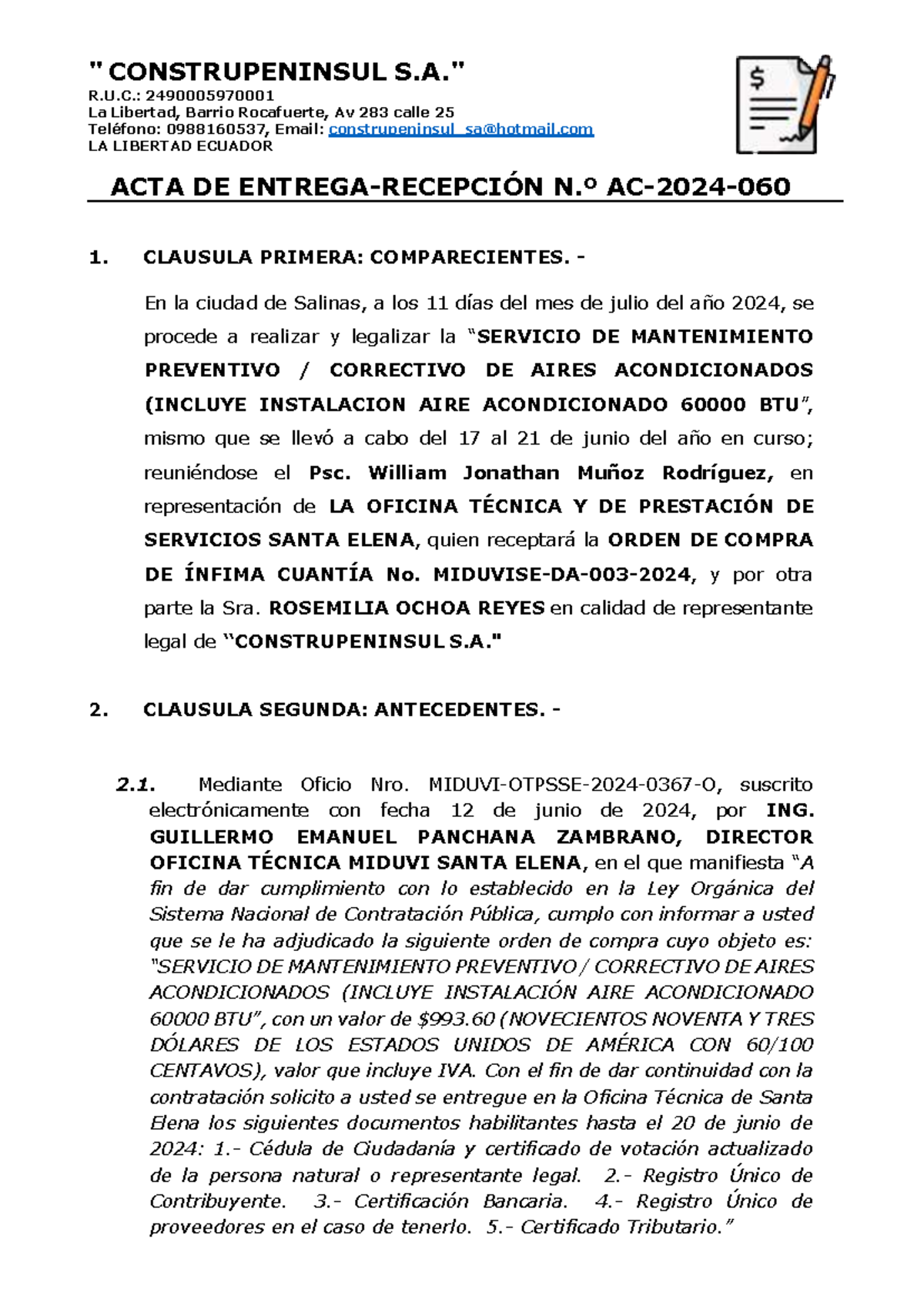 Acta Entrega Recepci N Aires Acondicionados R U La