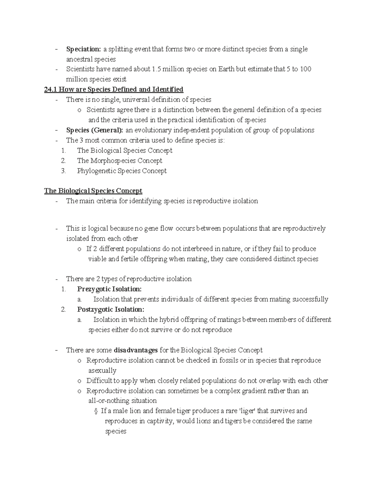 Chapter 24 Speciation - Speciation: a splitting event that forms two or ...