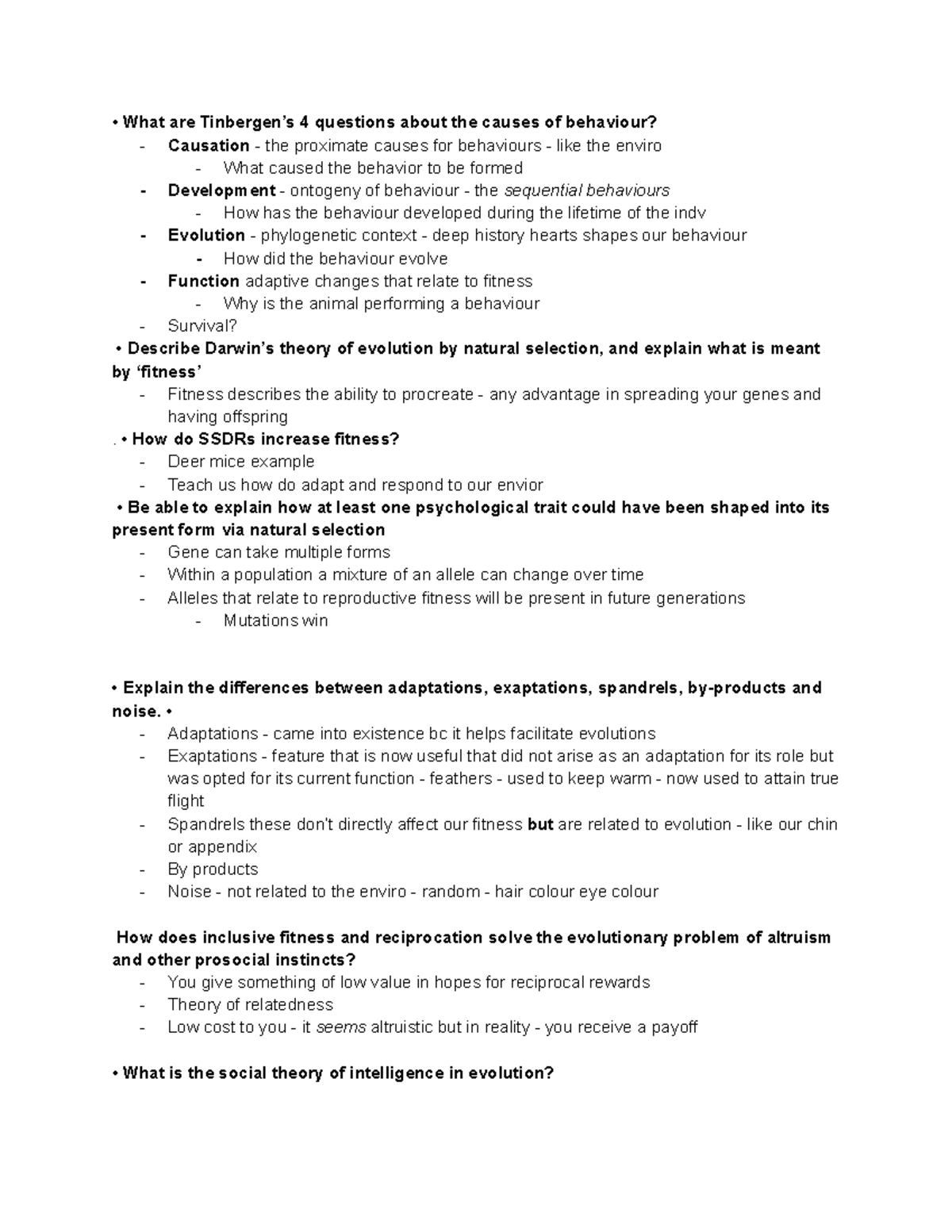 Psych 2015 Revision Q'S What are Tinbergen’s 4 questions about the