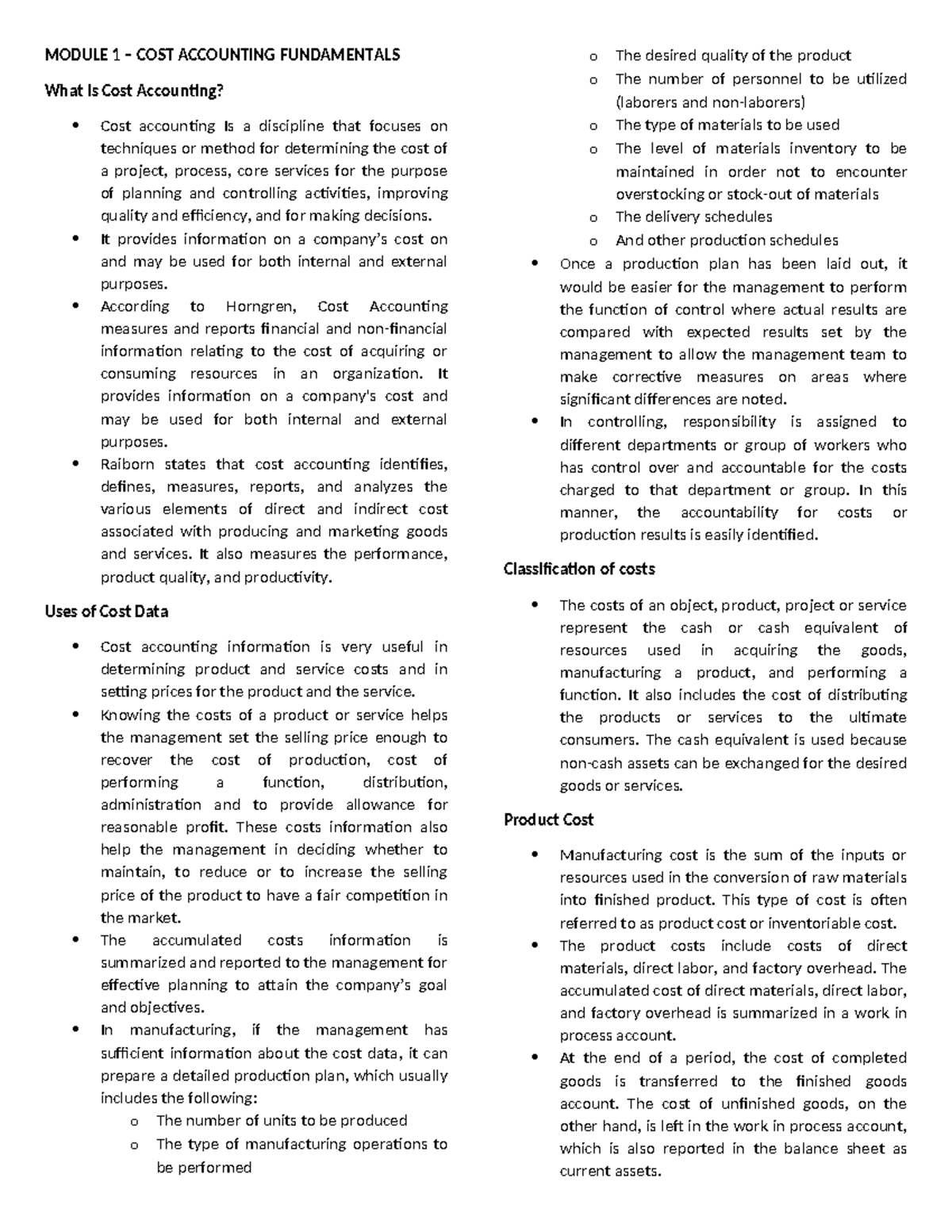 CAC Notes - Midterm - MODULE 1 – COST ACCOUNTING FUNDAMENTALS What is ...
