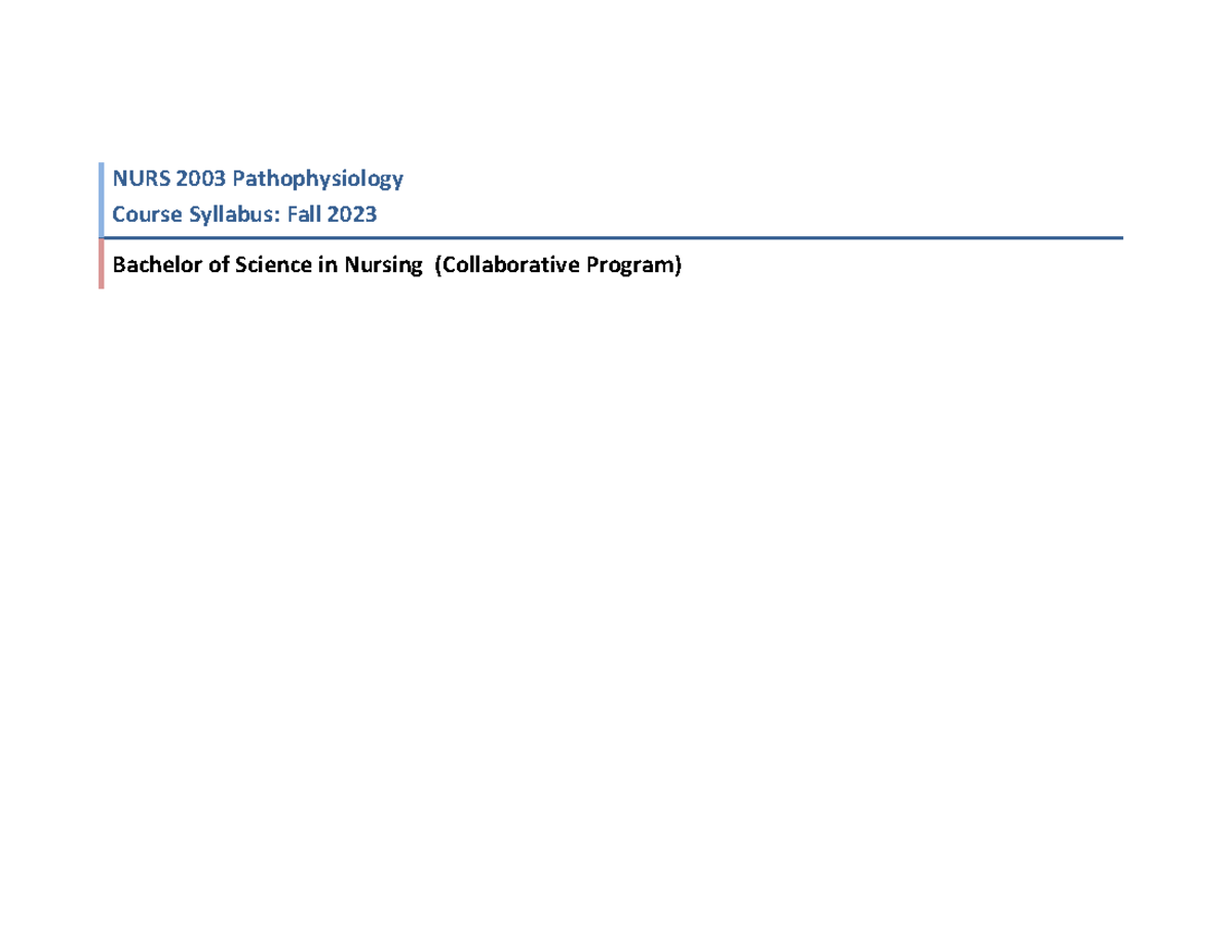 ST. Johns Fall 2023 N2003 Course Syllabus - NURS 2003 Pathophysiology ...