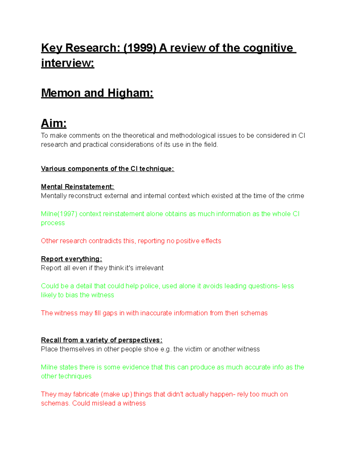 Key Research (1999) A review of the cognitive interview Memon and ...