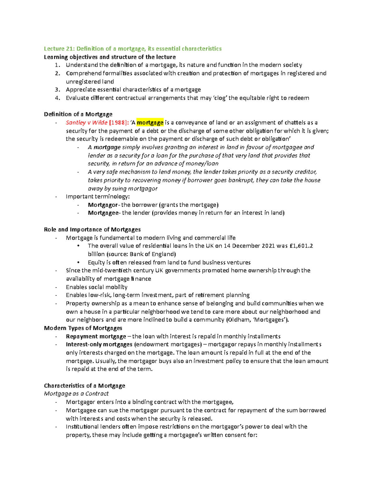 Land Law Unit 5 Lectures 1-5 - Lecture 21: Definition of a mortgage ...