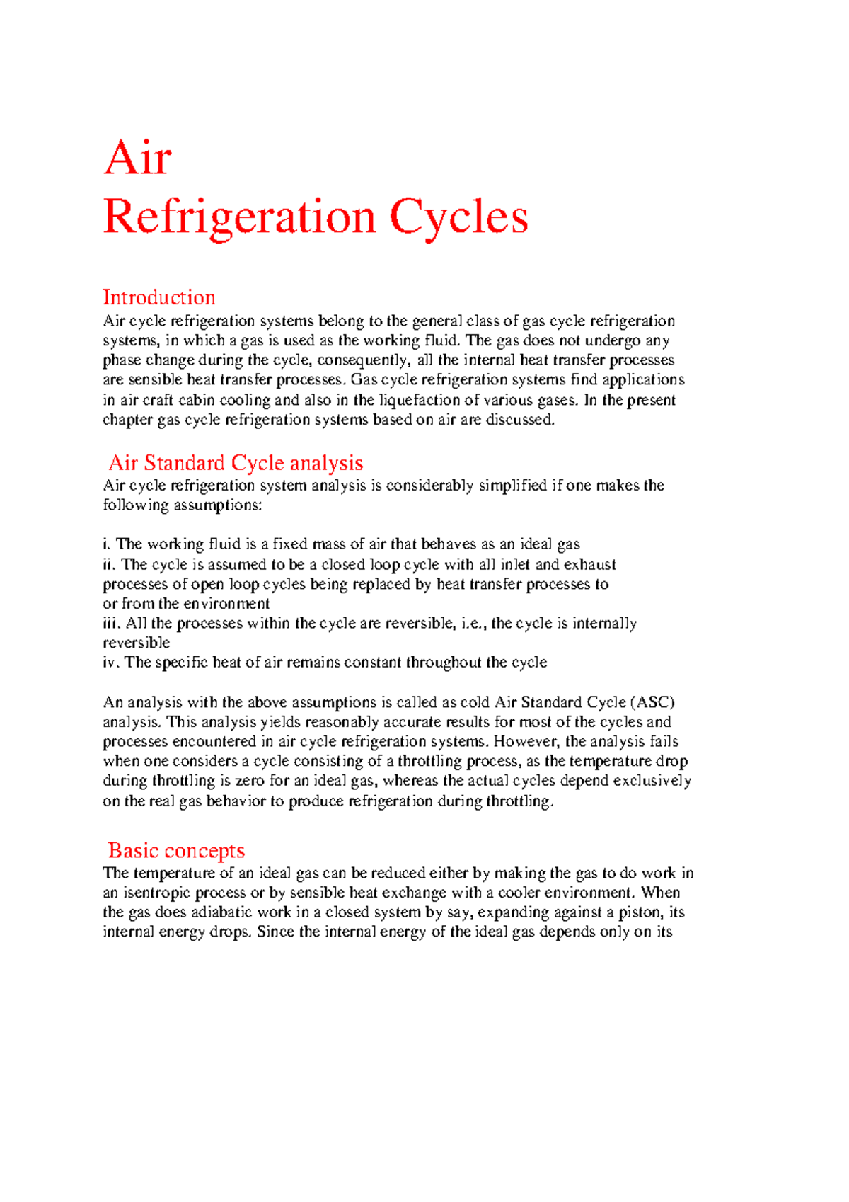 8. Refrigeration System Air Refrigeration Cycles Introduction Air