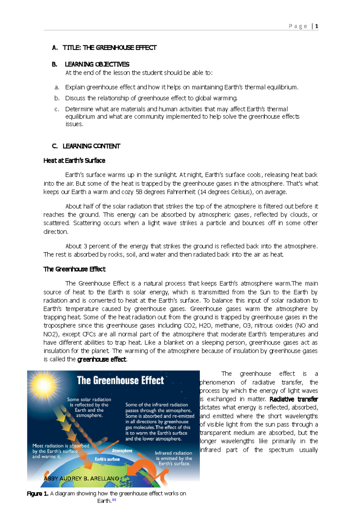 Greenhouse Effect Docs A. TITLE THE GREENHOUSE EFFECT B. LEARNING OBJECTIVES At the end of