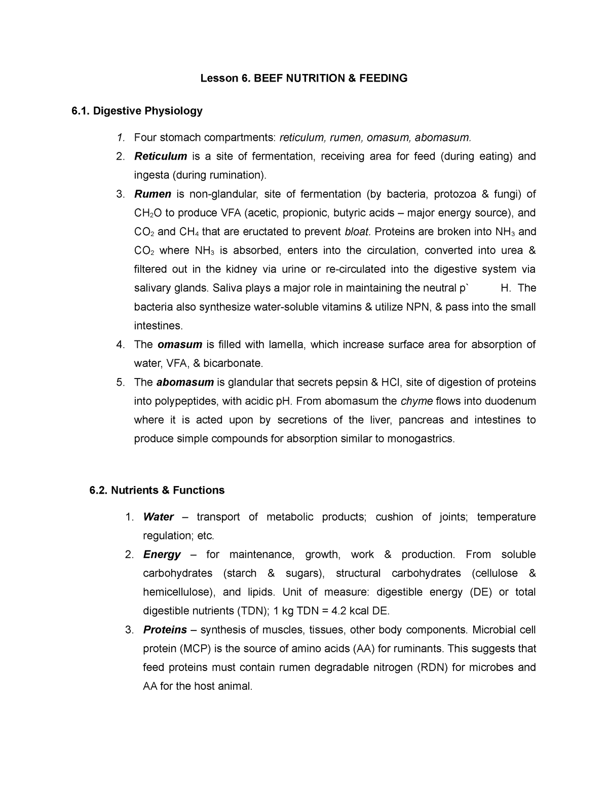 Lesson 6. BEEF Nutrition AND Feeding - Lesson 6**.** BEEF NUTRITION ...