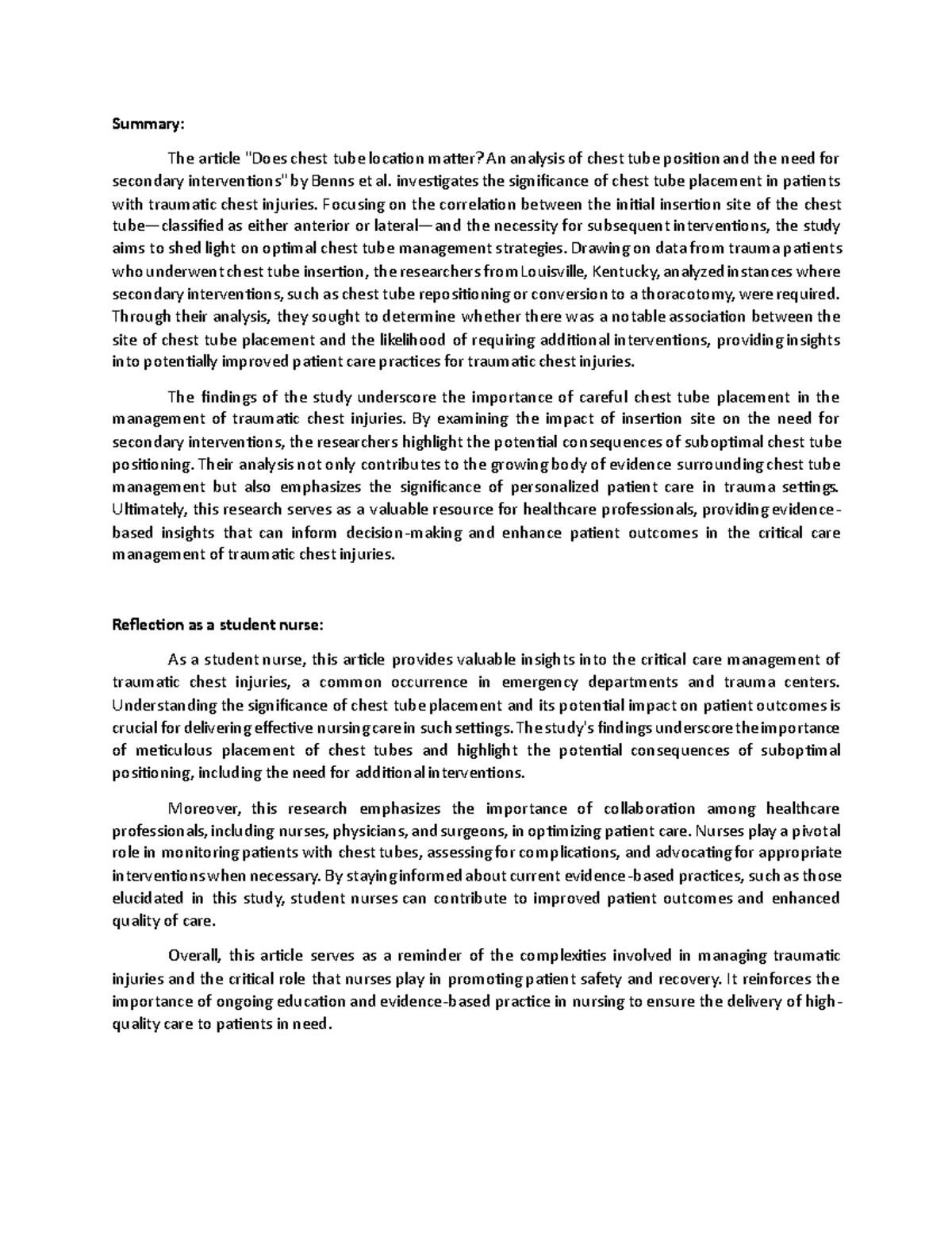 CTTSummary Reflection Summary The article "Does chest tube location