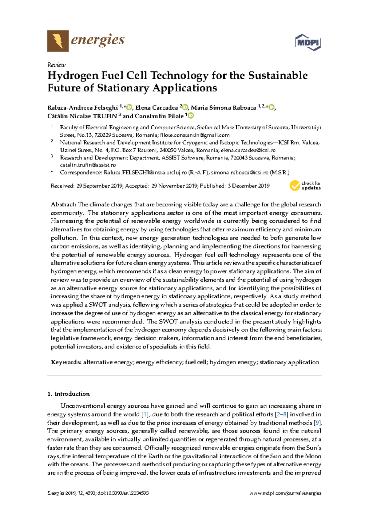 Hydrogen Fuel Cell Technology for the Sustainable - energies Review ...