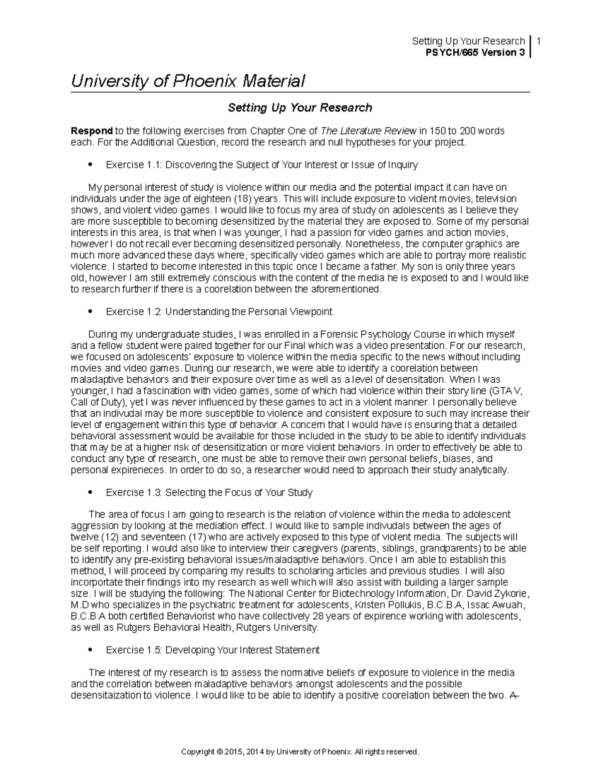 Week 2 Assignment - Setting Up Your Research PSYCH/665 Version 3 1 ...