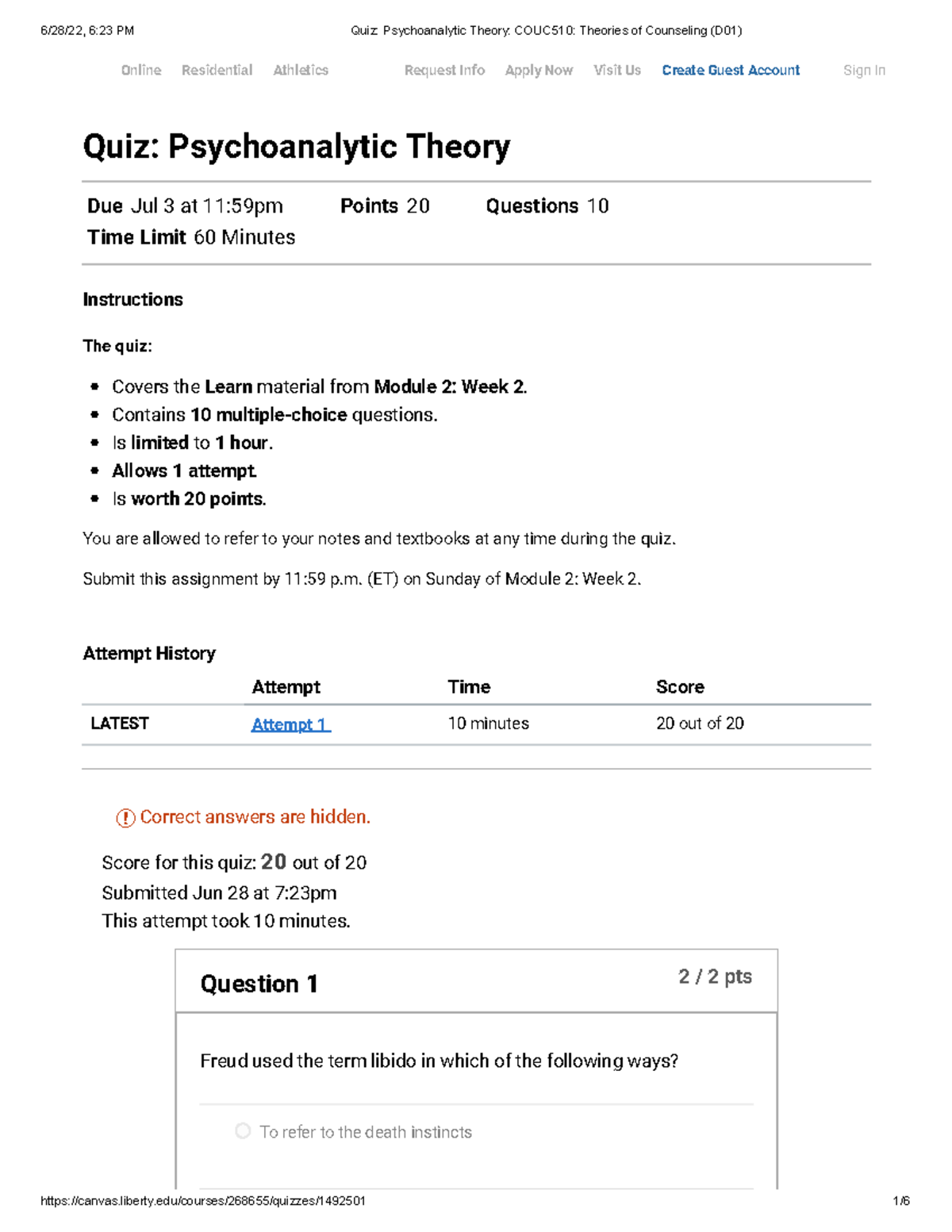 Quiz Psychoanalytic Theory COUC510 Theories of Counseling (D01) - Skip ...