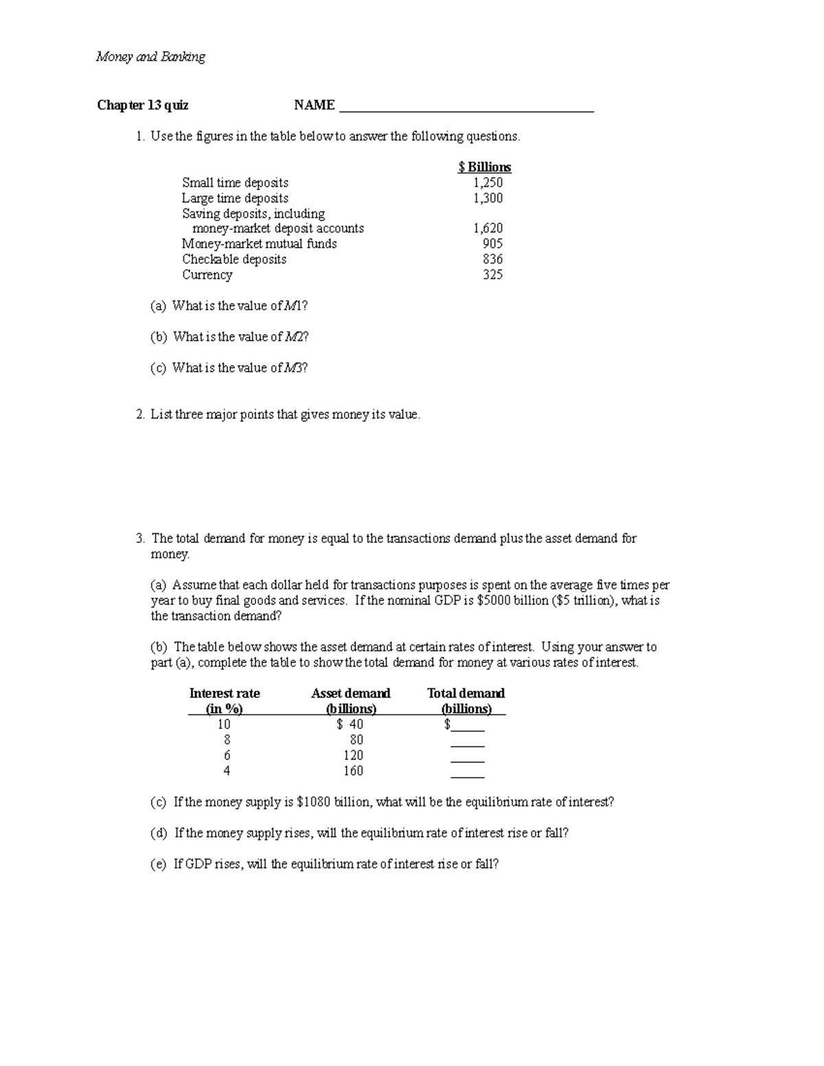 Chapter 13 Review Answers - Money And Banking Chapter 13 Quiz NAME ...