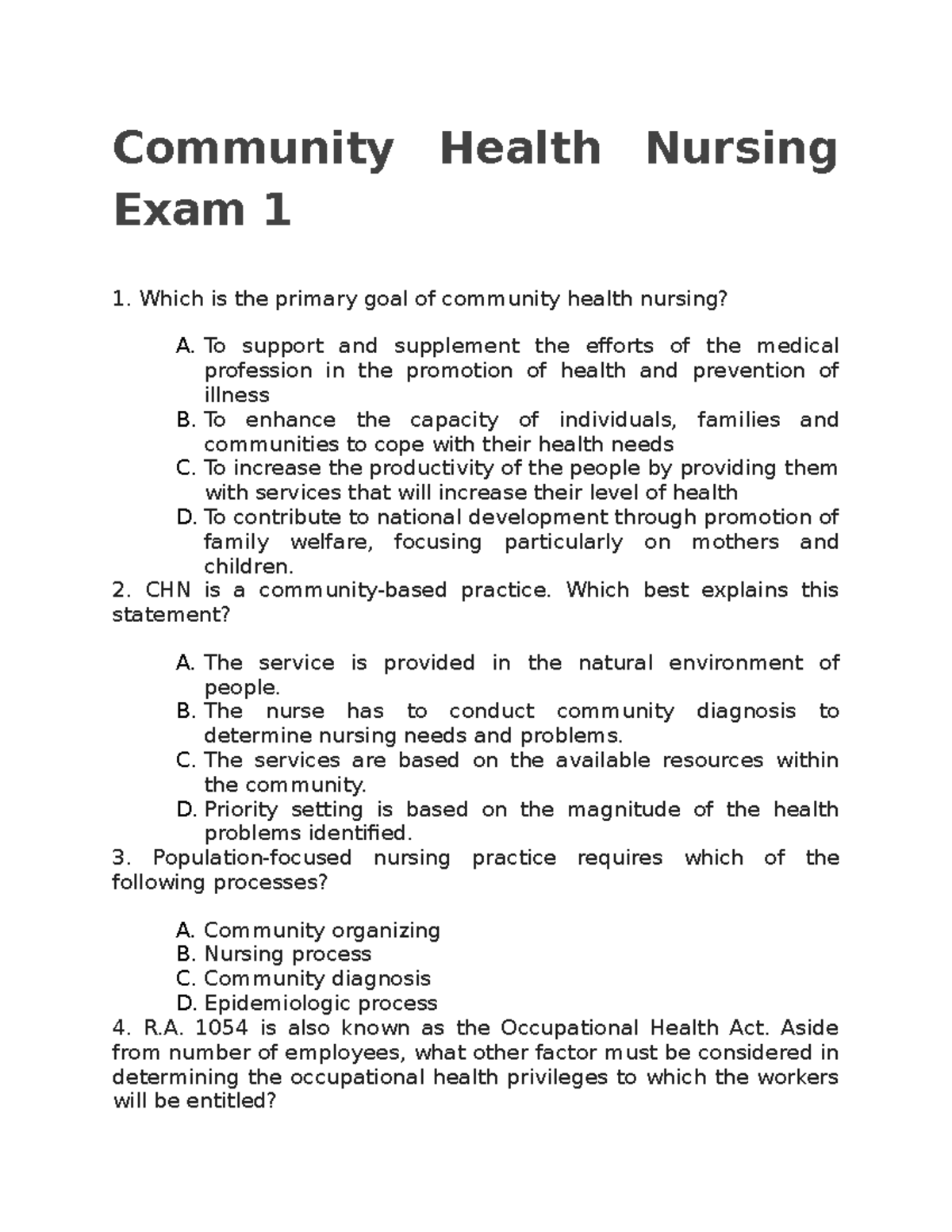 Community Health Nursing Exam 1 - Community Health Nursing Exam 1 Which ...