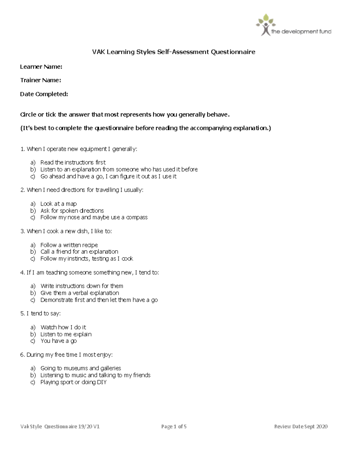 VAK Learning Styles Questionnaire 2019 2020 - VAK Learning Styles Self ...