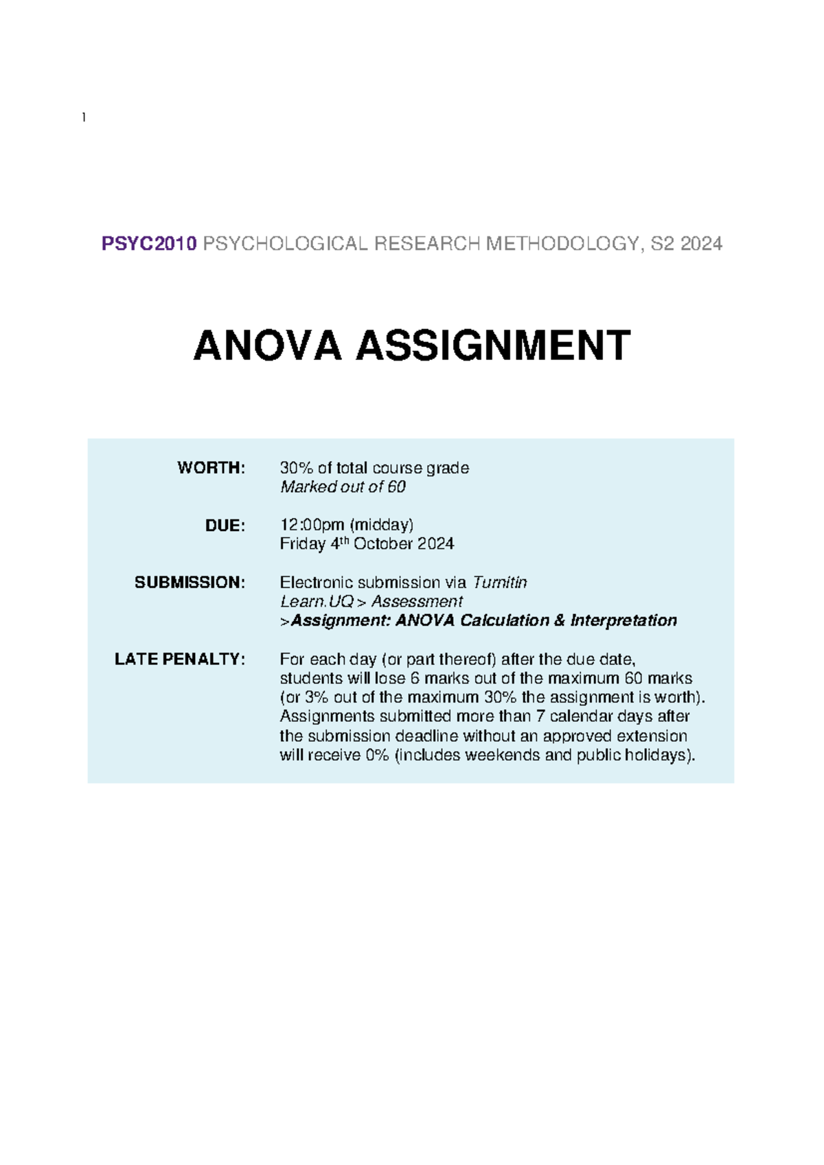 Anova Assignment PSYC2010 Sem 2 2024 - 1 PSYC2010 PSYCHOLOGICAL ...