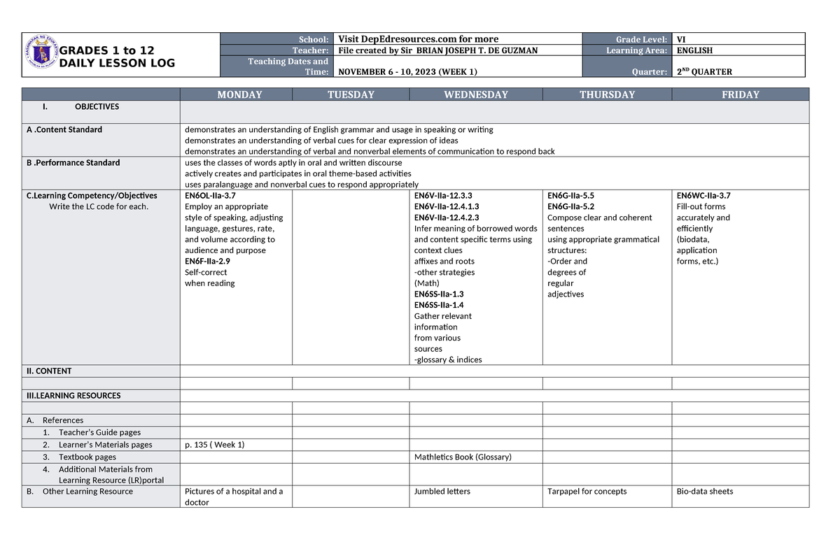 Dll English 6 Q2 W1 Dll Grades 1 To 12 Daily Lesson Log School Visit Depedresources For 7895