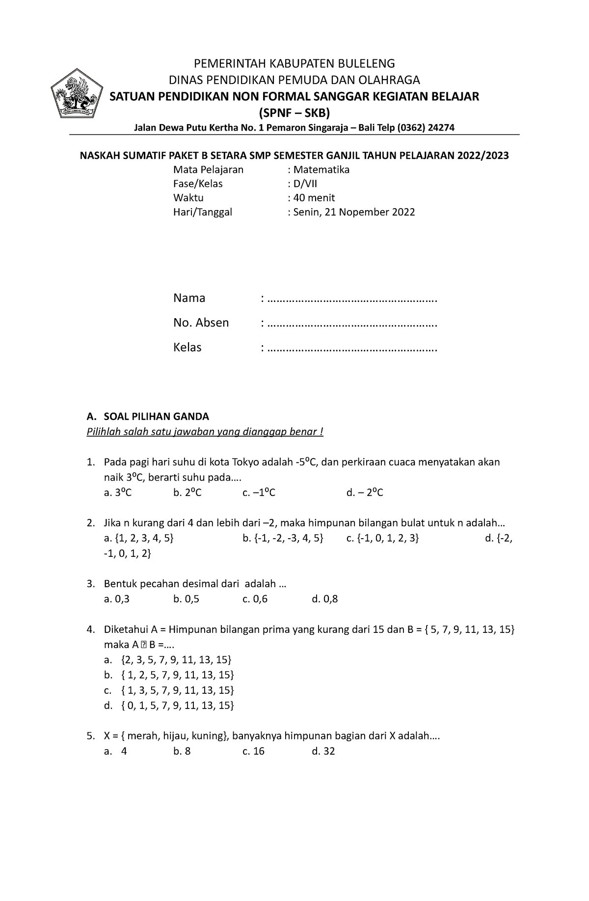 Soal Mat Paket B - Soal Matematika - PEMERINTAH KABUPATEN BULELENG ...