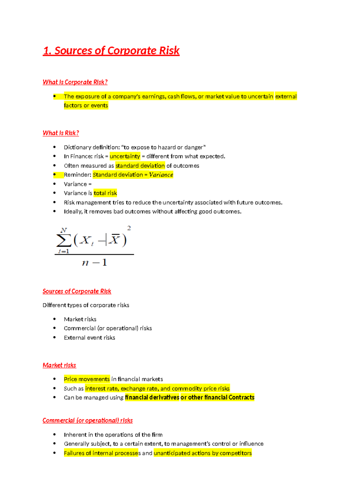 Week 11 risk management - 1. Sources of Corporate Risk What is ...