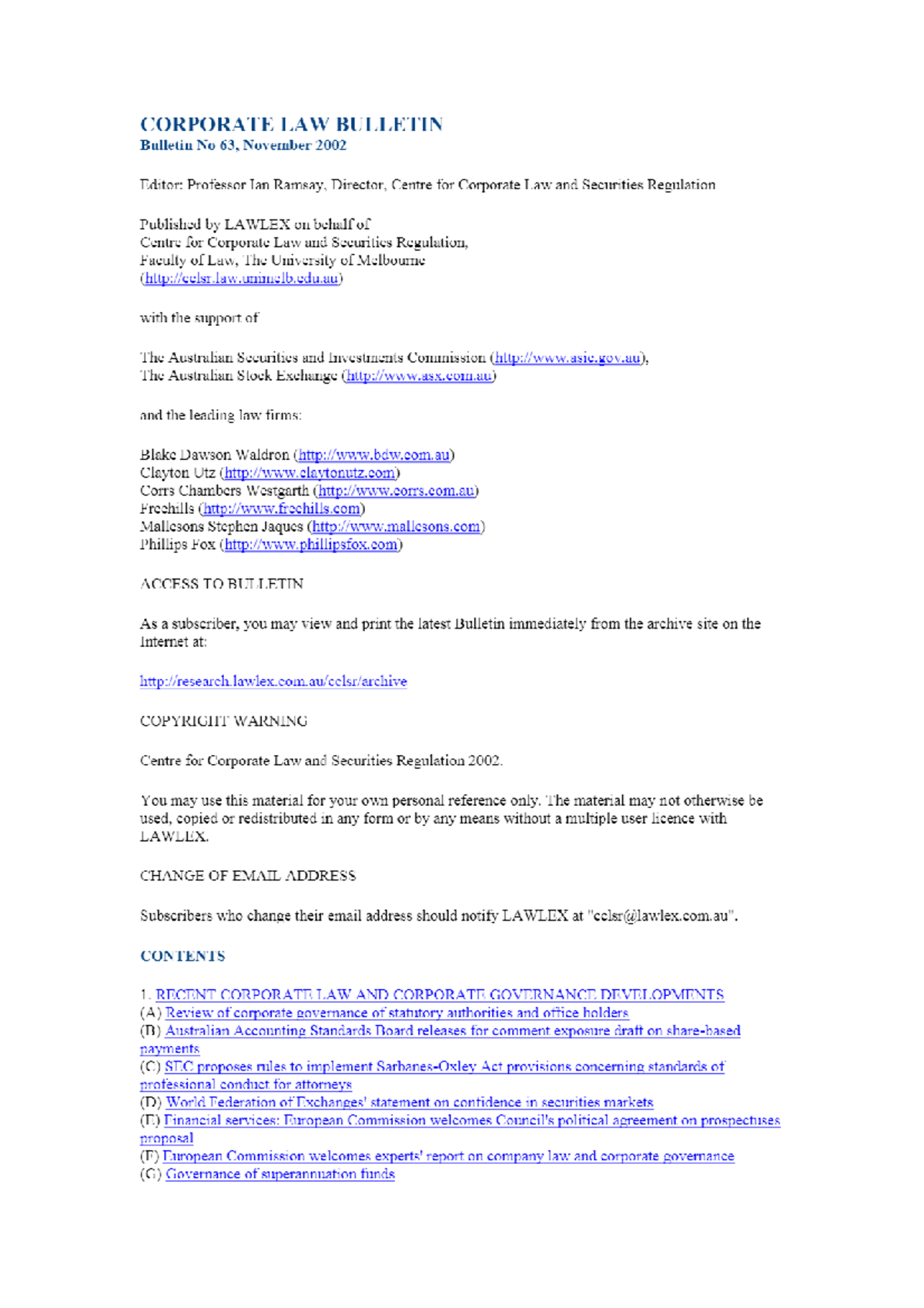 Corporate Law Bulletin 63 - November 2002 - BLAW 2001 - Studocu