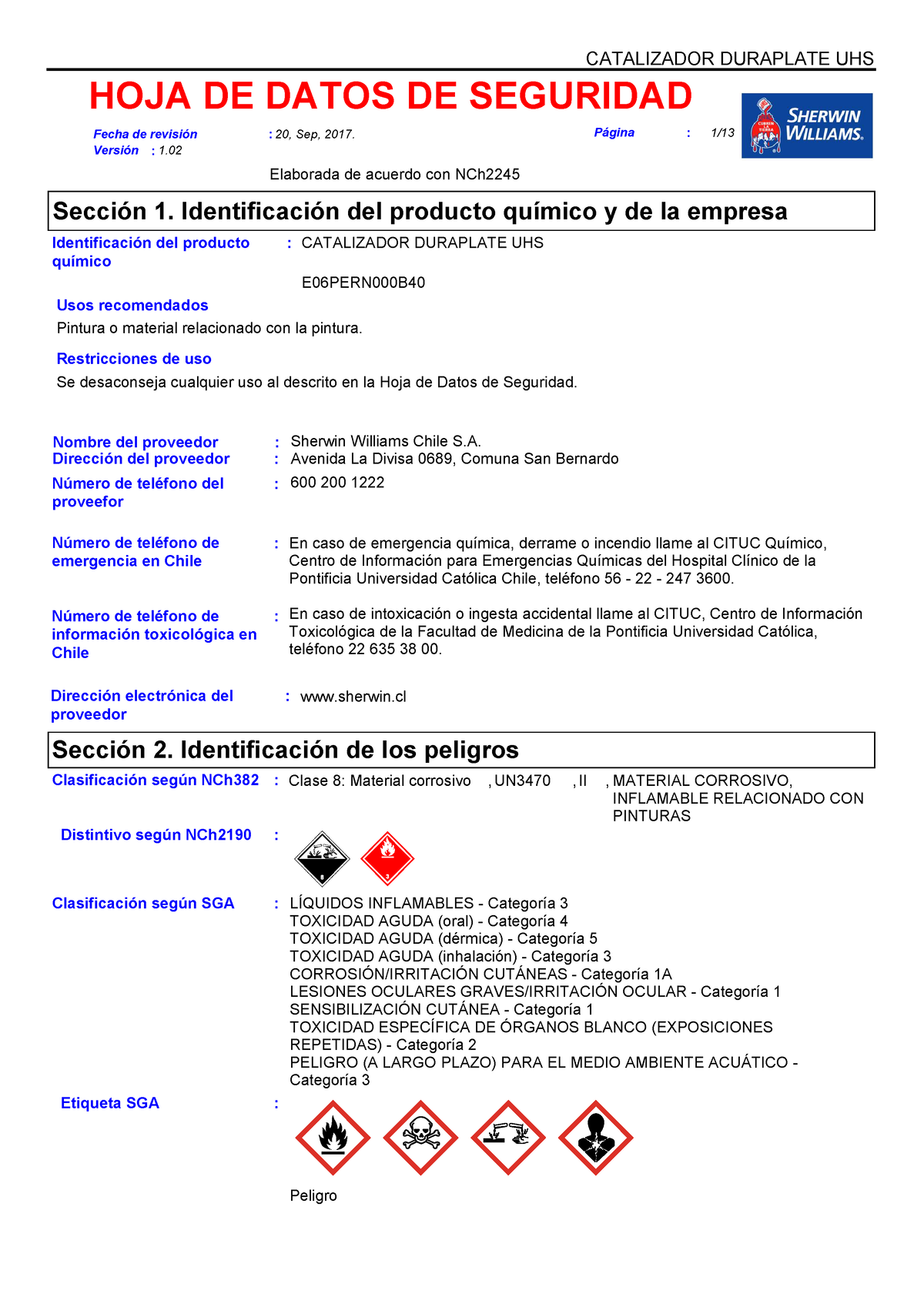 MSDS Duraplate UHS Parte B - Identificación Del Producto CATALIZADOR ...