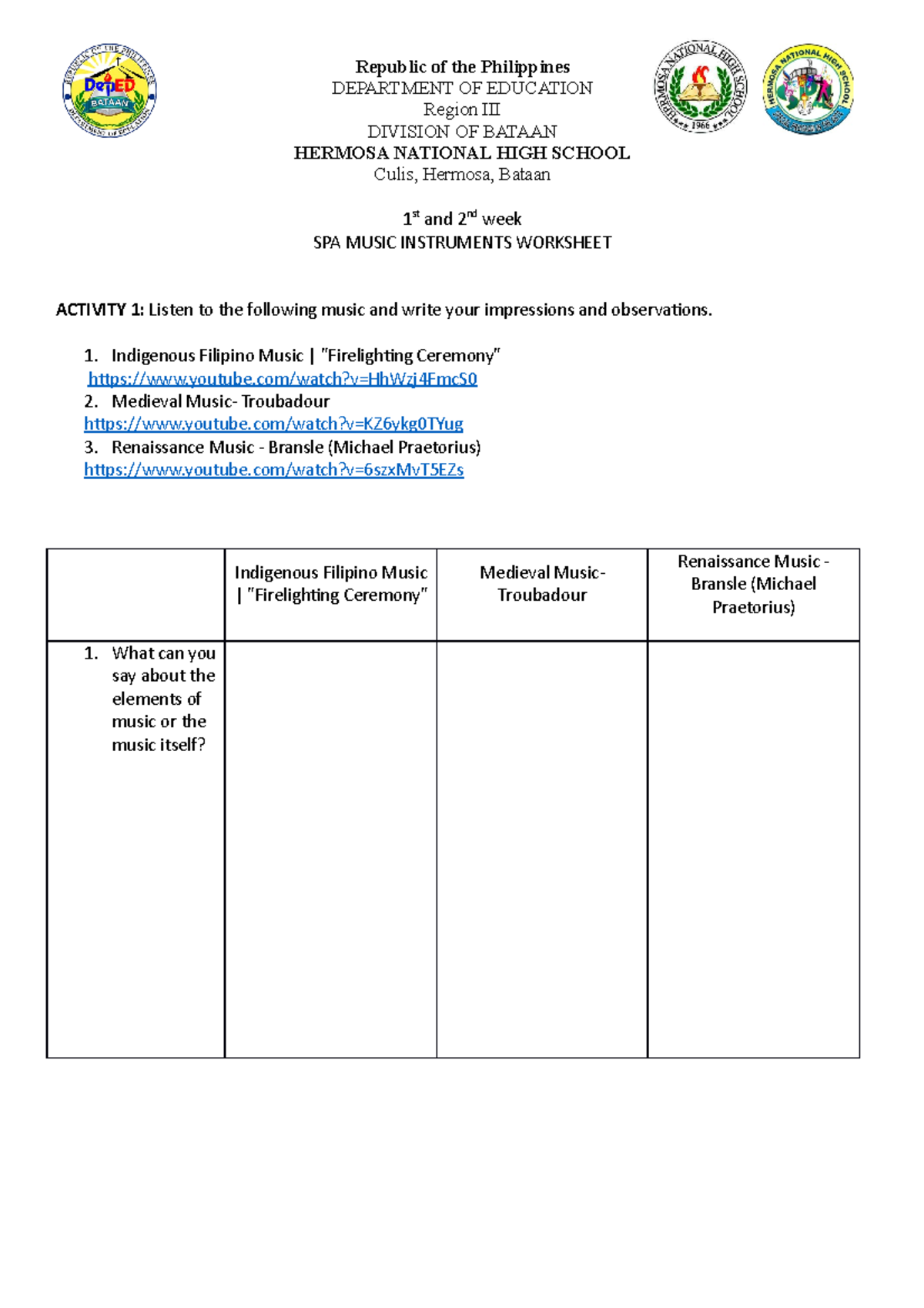 Week 1 SPA 9 Instrument - Worksheet in MUSIC - Republic of the ...