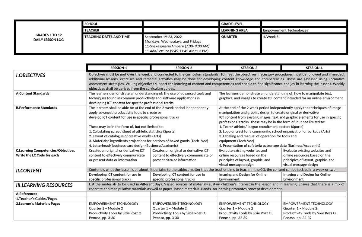 ET Q1 W5 - lesson plan - GRADES 1 TO 12 DAILY LESSON LOG SCHOOL GRADE ...