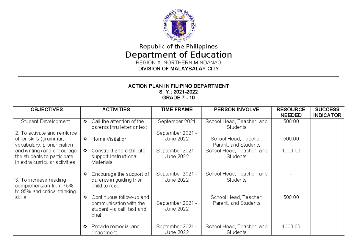 Action PLAN IN Filipino Department - Republic of the Philippines ...